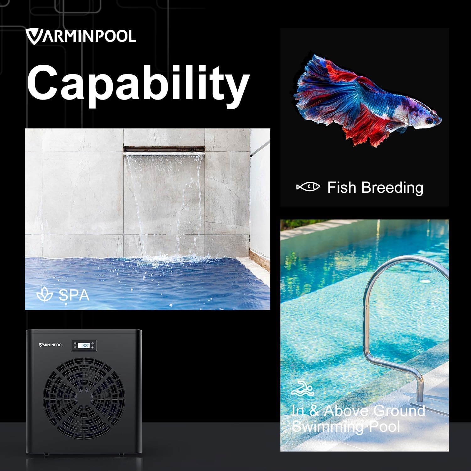 Pool size compatibility chart for VARMINPOOL heat pump