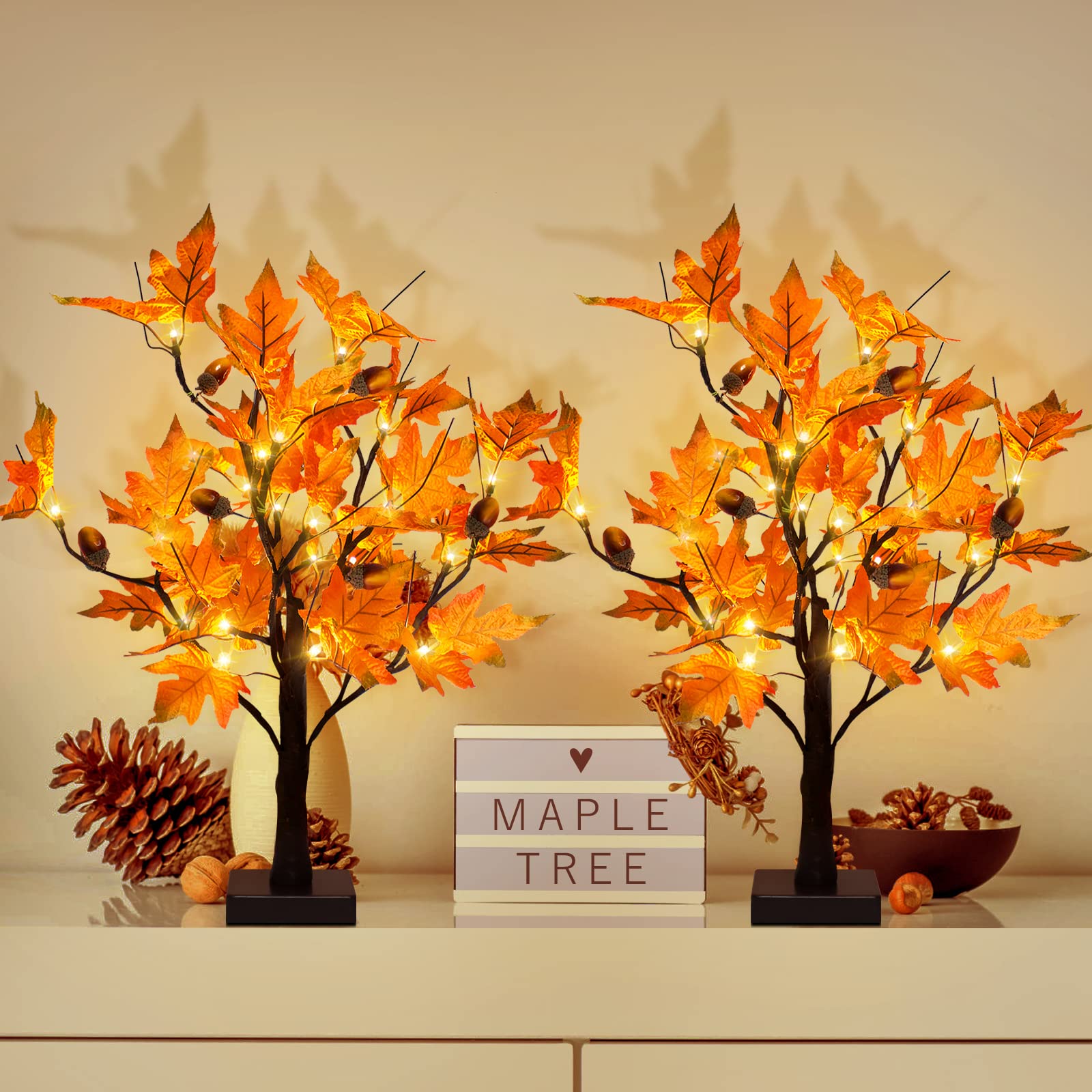 S-Union(2 Pack) 24-inch Fall Lighted Maple Tree with Acorns, 48 LED Lights, Battery Operated Thanksgiving Table CenterPcs Decor Artificial for Home Fireplace Autumn Harvest Tabletop Indoor