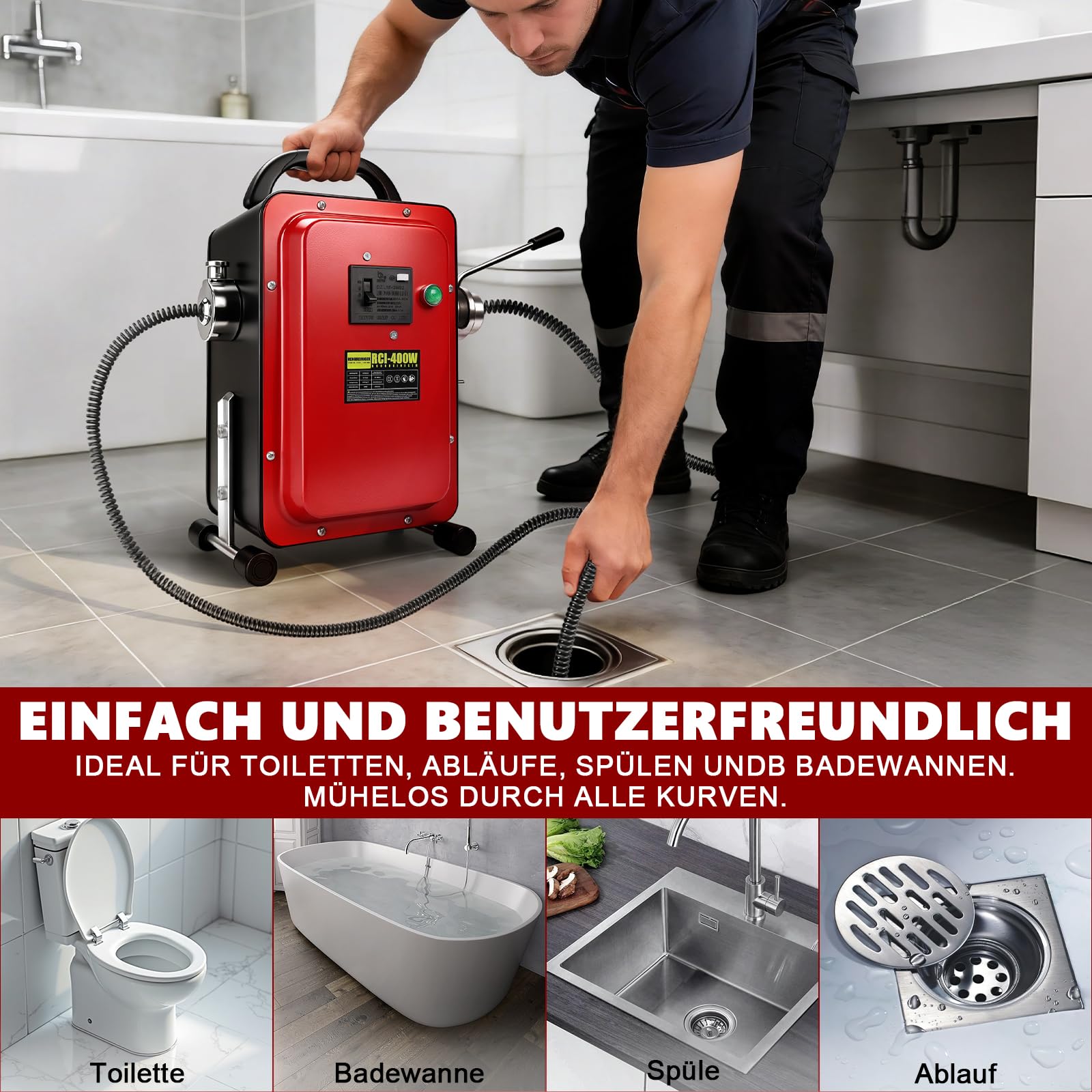 400W Elektrisch Rohrreinigungsspirale mit Spirale 16m x Ø16mm & 5m x Ø10mm | f. Ø20-100 mm Rohrleitungen, 450 U/m, Rohrreinigungsmaschine Abflussreiniger Spirale Rohrreiniger Reinigung Drain Clean,