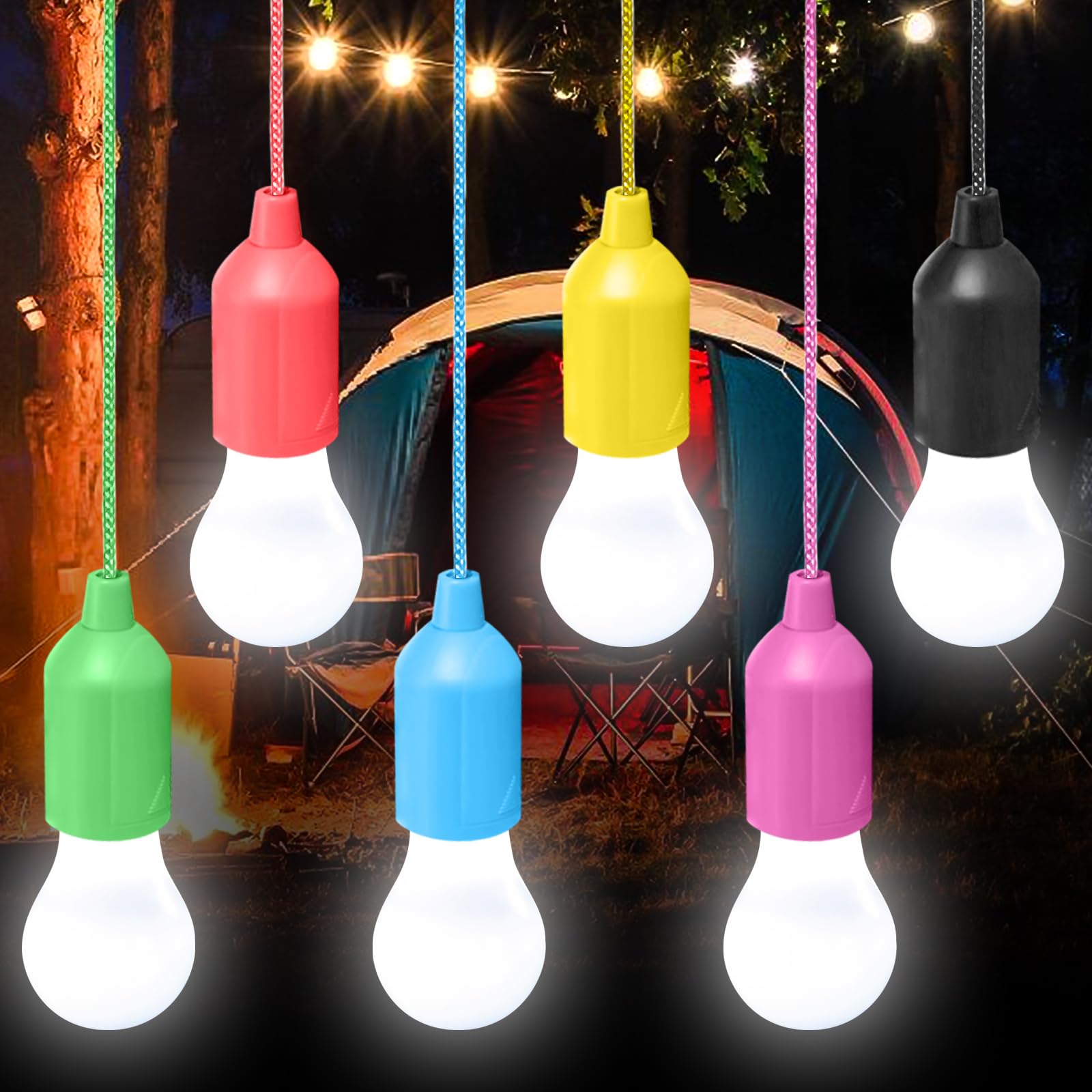 6 LED Camping Light Bulb, Camping Light for Tent, Camping Lamp with Pull Switch, Portable Tent Lamp Light Bulb, Lamping Light for Hiking, Fishing, Desk, Garden, BBQ (Colourful: White Light)