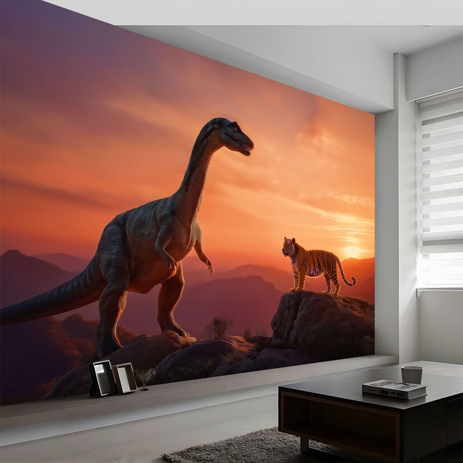 Animal Dinosaur Tiger Mountain Sunset Wallpaper Mural 250 x 175 cm Home DIY Decoration Wall Covering, Non-Woven Panoramic Poster Nature wall Mural for Bedroom Living Room Dorm Decor โ image 1