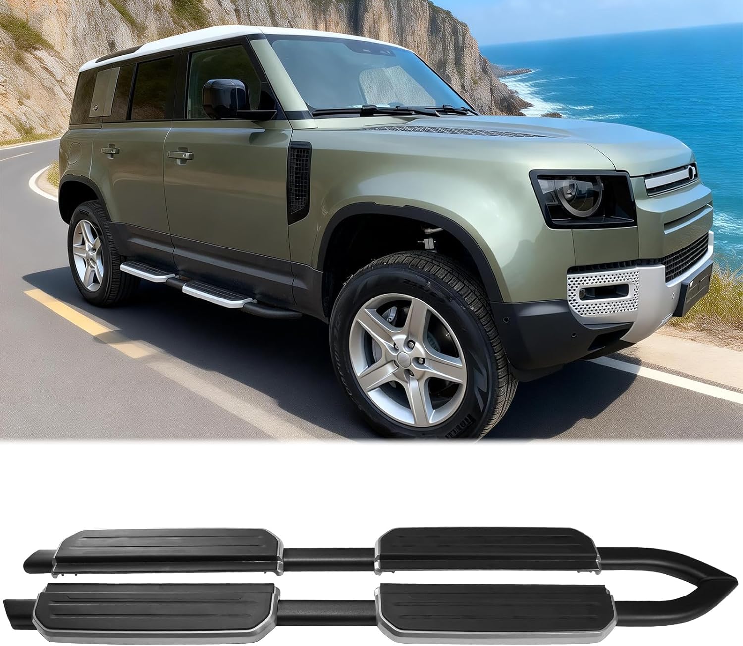 FREEMOTOR802 Compatible with 2020-2026 Land Rover Defender 110 130 Running Boards, OE Style Silver& Black Aluminum Side Steps Nerf Bars Rubber Anti-Skid Step Pad, Pair