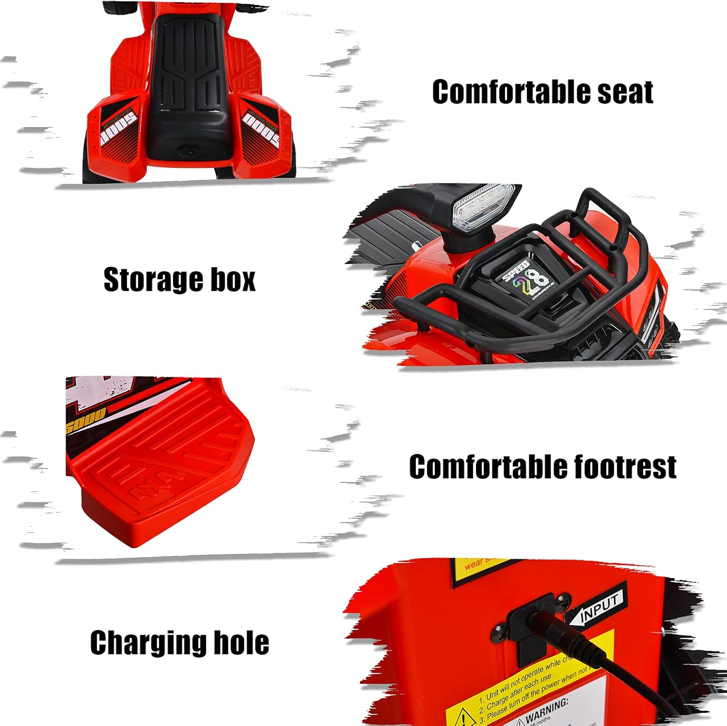 Costzon Kids ATV, 6V Battery Powered Electric Vehicle Four Wheeler Quad w/Storage Basket, Headlight, Horn, Music, MP3 & USB, Toddler 4 Wheeler Ride on Car Toy for Boys Girls 18-36 Months (Red)