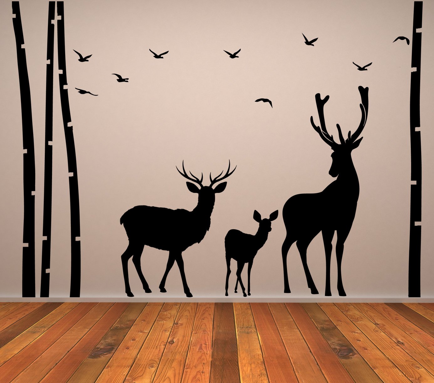 (240 x 169 cm) árbol de vinilo adhesivo decorativo para pared, Felpudo, diseño de pájaros y ciervos de silueta de/lámina de decoración de adhesivo diseño de bebé besando a un reno familia/de Vinilo + de tela DIY al azar sin regalo!