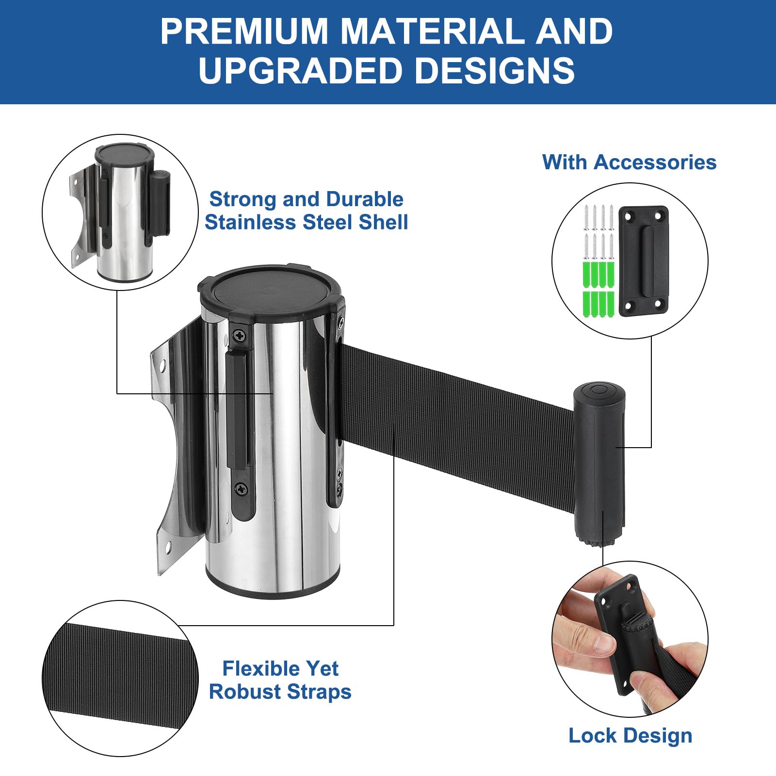QUARKZMAN Soporte De Pared Fijo Barrera Retráctil De Cinta 6.56 Pies Cintas Retráctiles Fijas Para Control De Multitudes Para Colas Tienda Minorista Estadio Negra Con Caja De Acero 4pcs