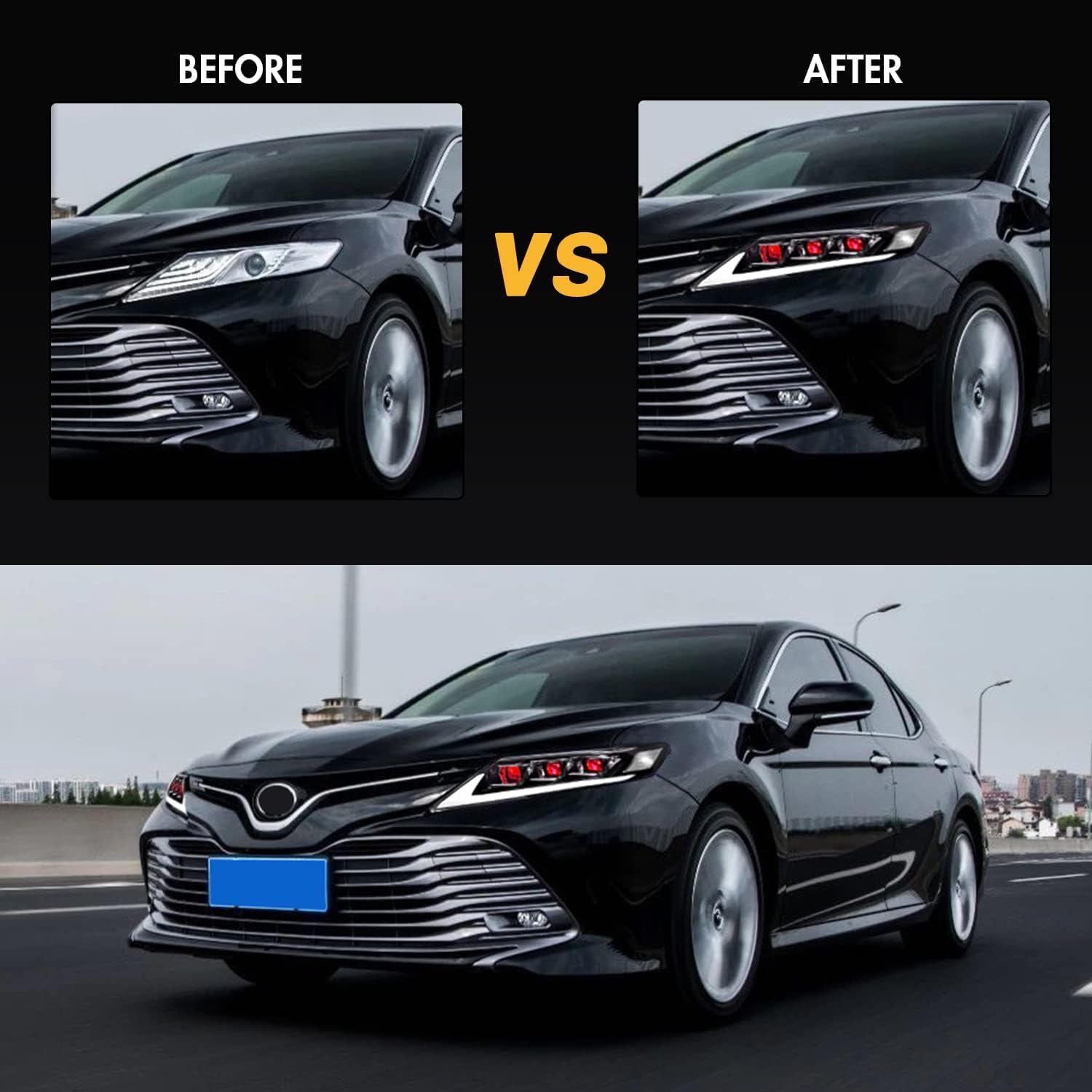 Triple Beam Headlamp/Headlights for 2018-2024 Toyota Camry XSE/XLE/LE/SE Nightshade AWD Hybrid Headlights Head Light Accessories Sequential Animation Custom Replacement (Red)
