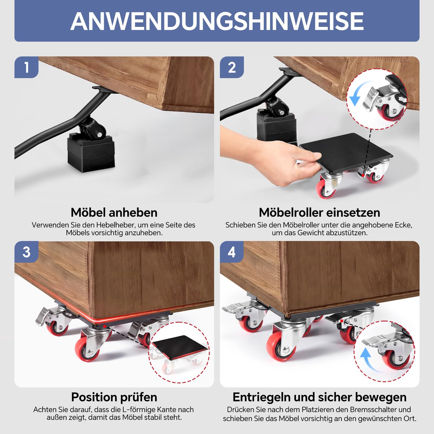 Sytopia Zestaw rolek transportowych do mebli – podnośnik do mebli z drążkiem przedłużającym i 4 kółkami obracającymi się o 360°, udźwig 1800 kg, antypoślizgowy zestaw ślizgaczy meblowych do szafy