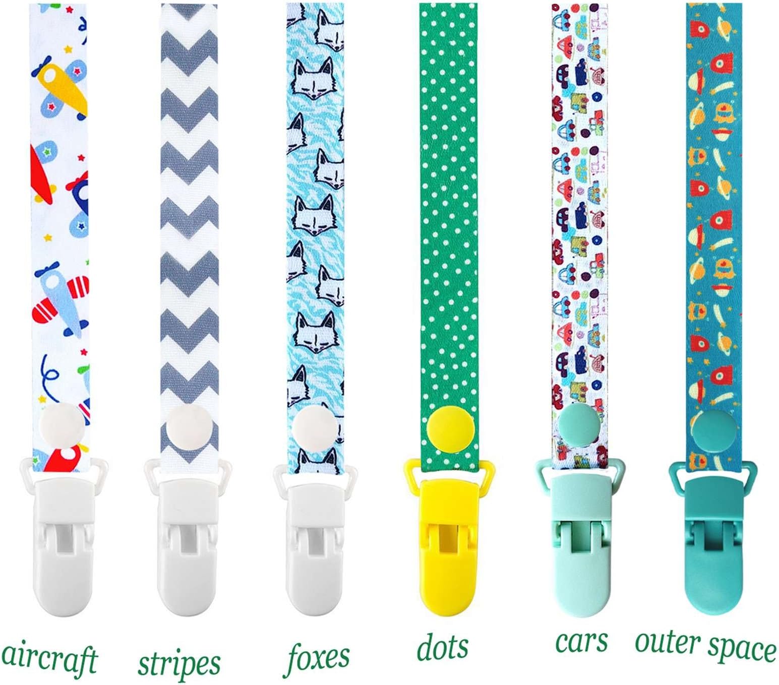 6 Pack Dummy Clips Pacifier Holder Strap, Goldore Baby Teething Holder Fits All Pacifiers & Soothers for Girls and Boys, Adjustable Length (Boy)