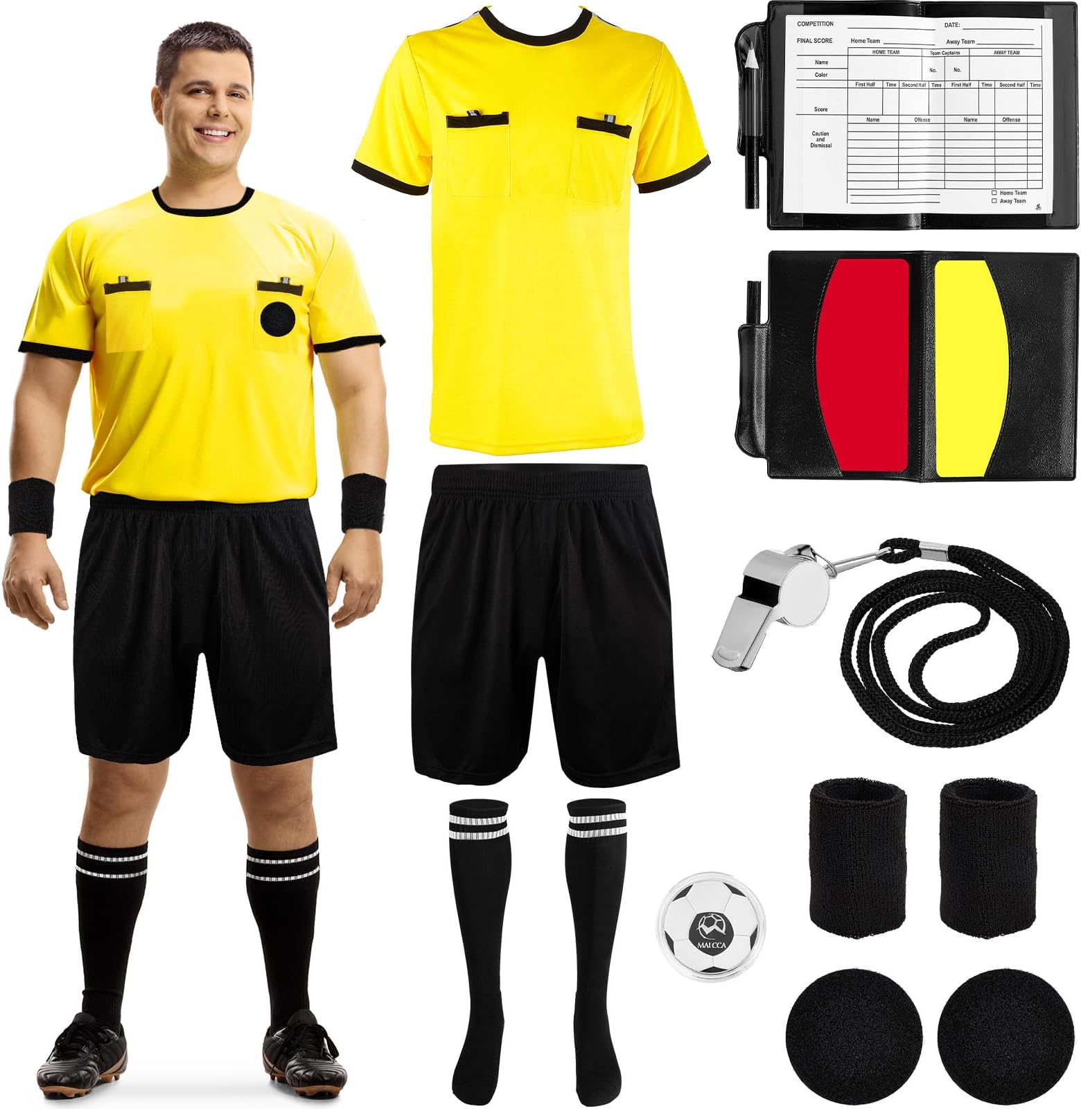 Xuhal Soccer Referee Kit Referee Shirt Soccer Referee Cards Referee Shorts Socks, Referee Whistle Stopwatch Football Side Selector Wristbands Sport Soccer Accessory for Adult Teenager (XL)