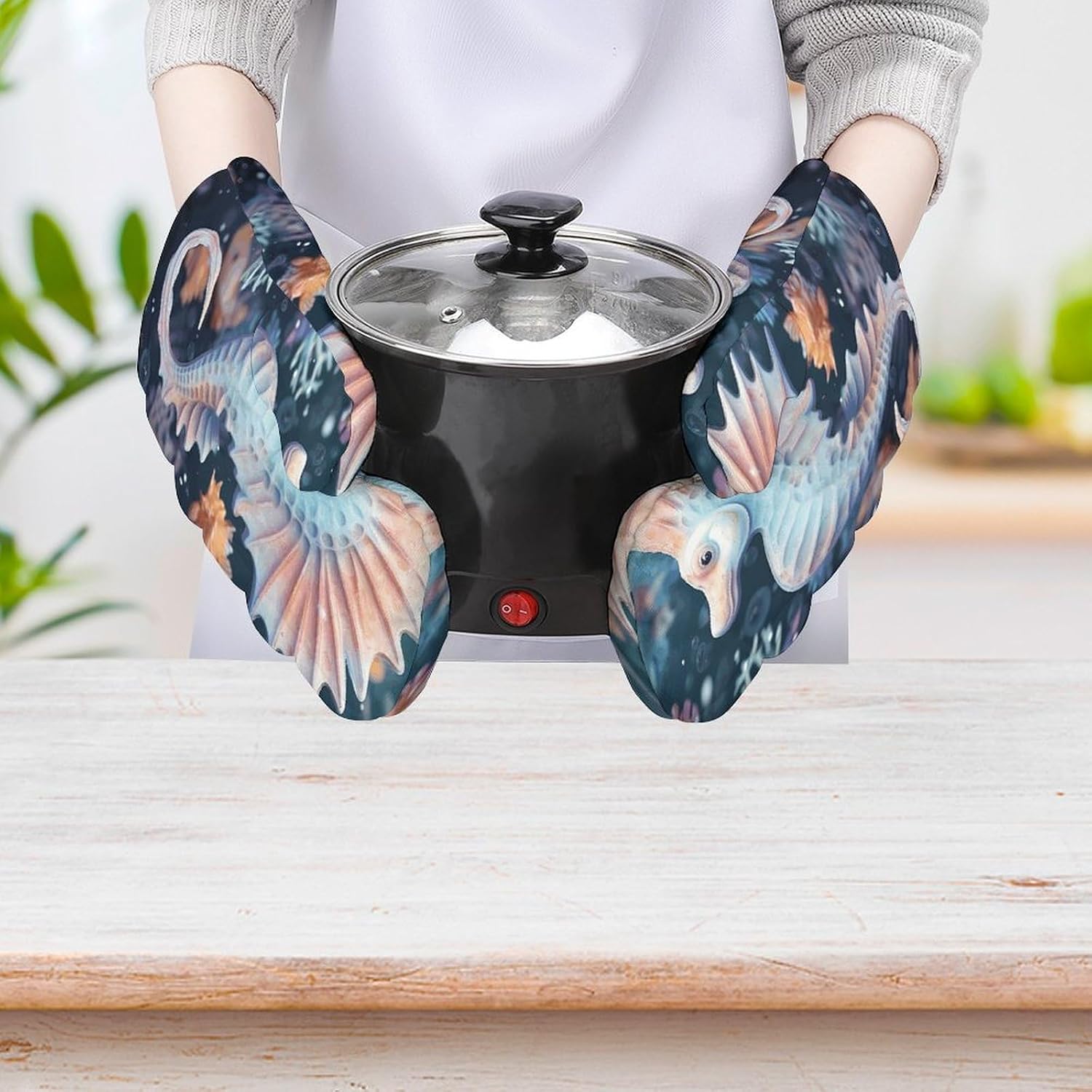 2 Pcs Oven Mitts Heat Resistant Kitchen Gloves Soft Safety Seahorse and Starfish Oven Glove for Microwave, Barbecue