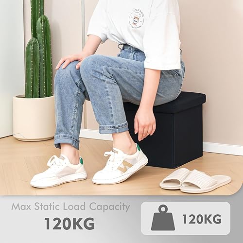 Miniatura 85 de B FSOBEIIALEO - Otomano plegable de piel sintética con almacenamiento Gris,Negro -,Negro 16.5"x12.6"x12.6",Azul,Marrón,Gris