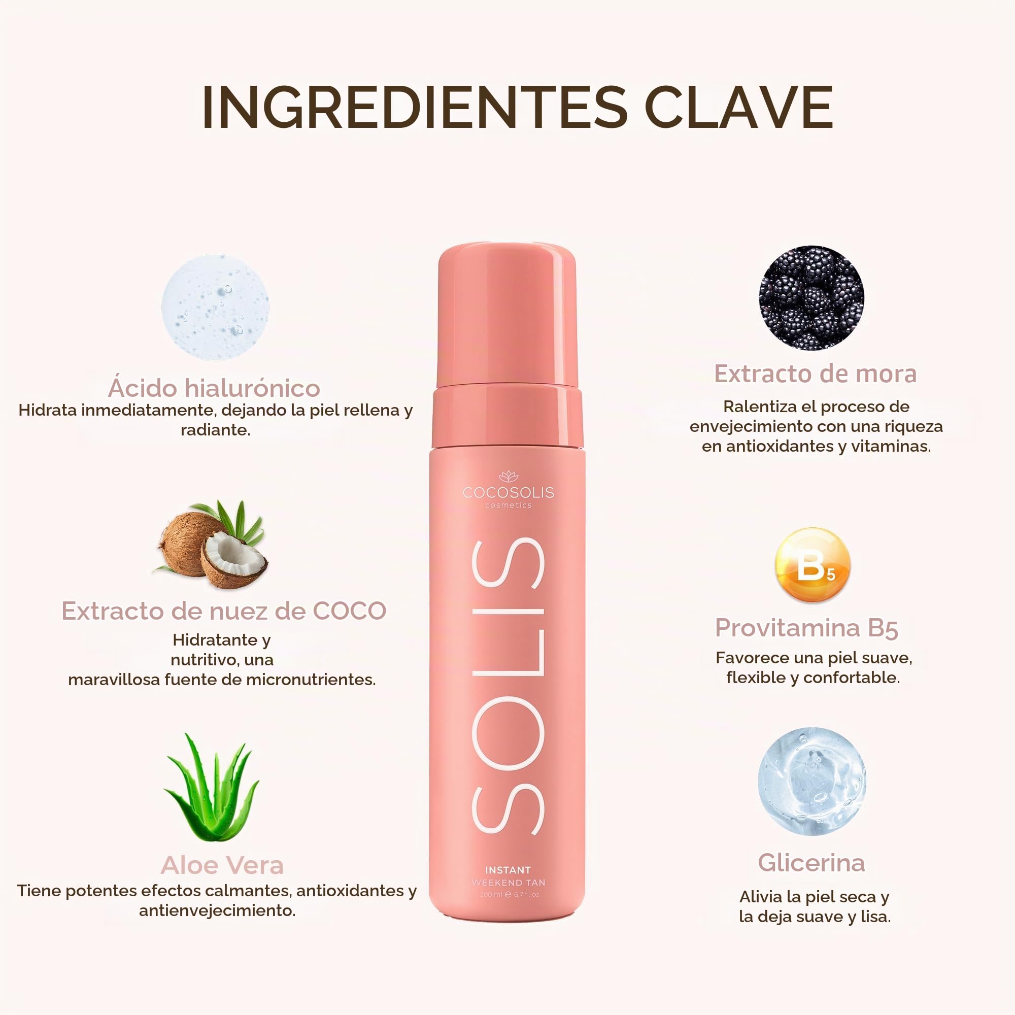COCOSOLIS SOLIS Instant Weekend Tan Loción autobronceadora para rostro y cuerpo, mousse de efecto inmediato y lavable para un bronceado rico, natural y duradero, con DHA de origen vegetal (200 ml)