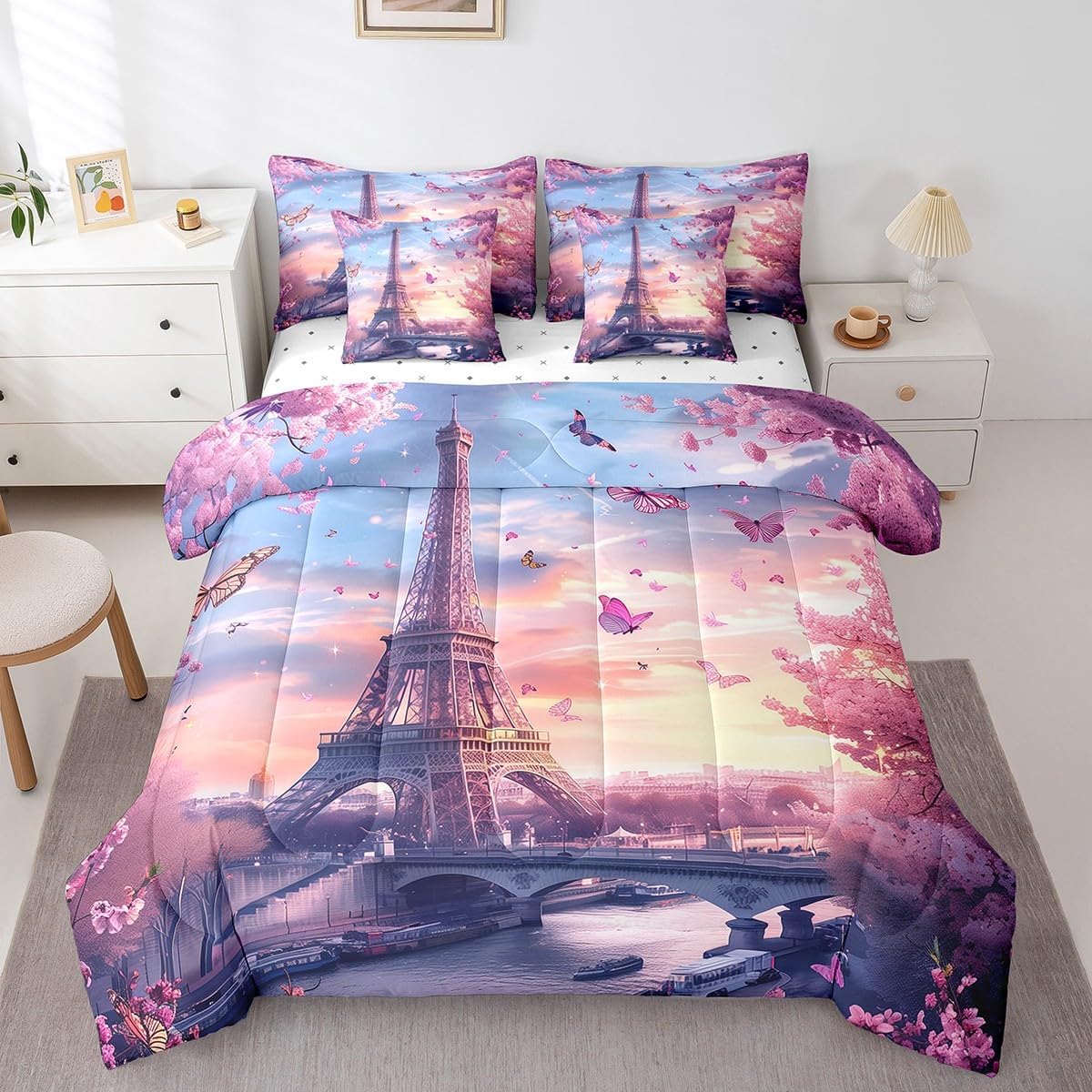 Feelyou Eiffel Tower Comforter Set with Sheets Queen Size Paris 7 Piece Bedding Set for Adult Boys Girls Teens Pink Flower and Butterfly Bed in a Bag Romantic Bed Set
