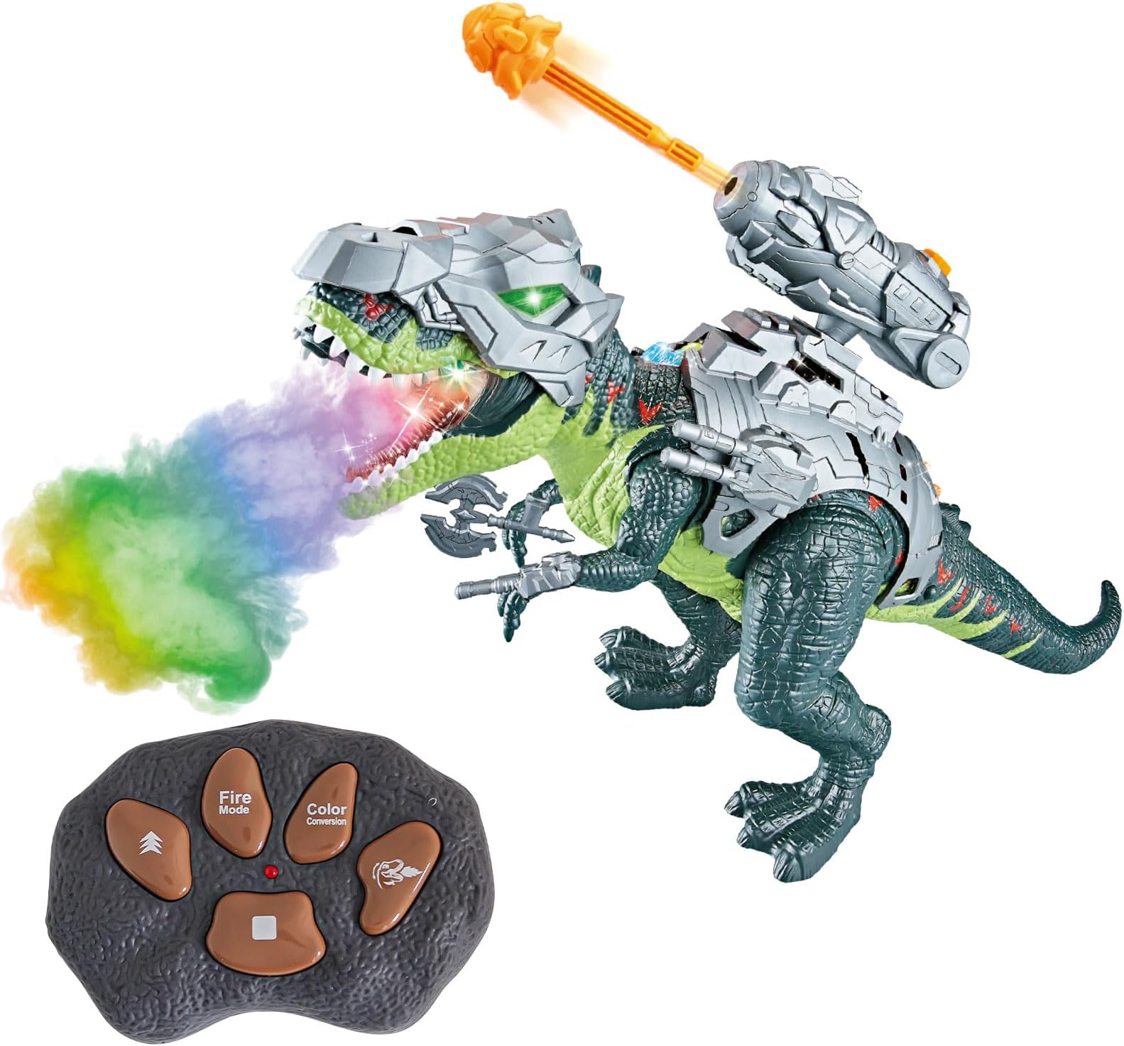HANMUN Remote Control Dinosaur Walking Dinosaur Toy with Armor Launching Bullets Mist Spray LED Lights Roaring Sound for Boys and Girls Ages 3+
