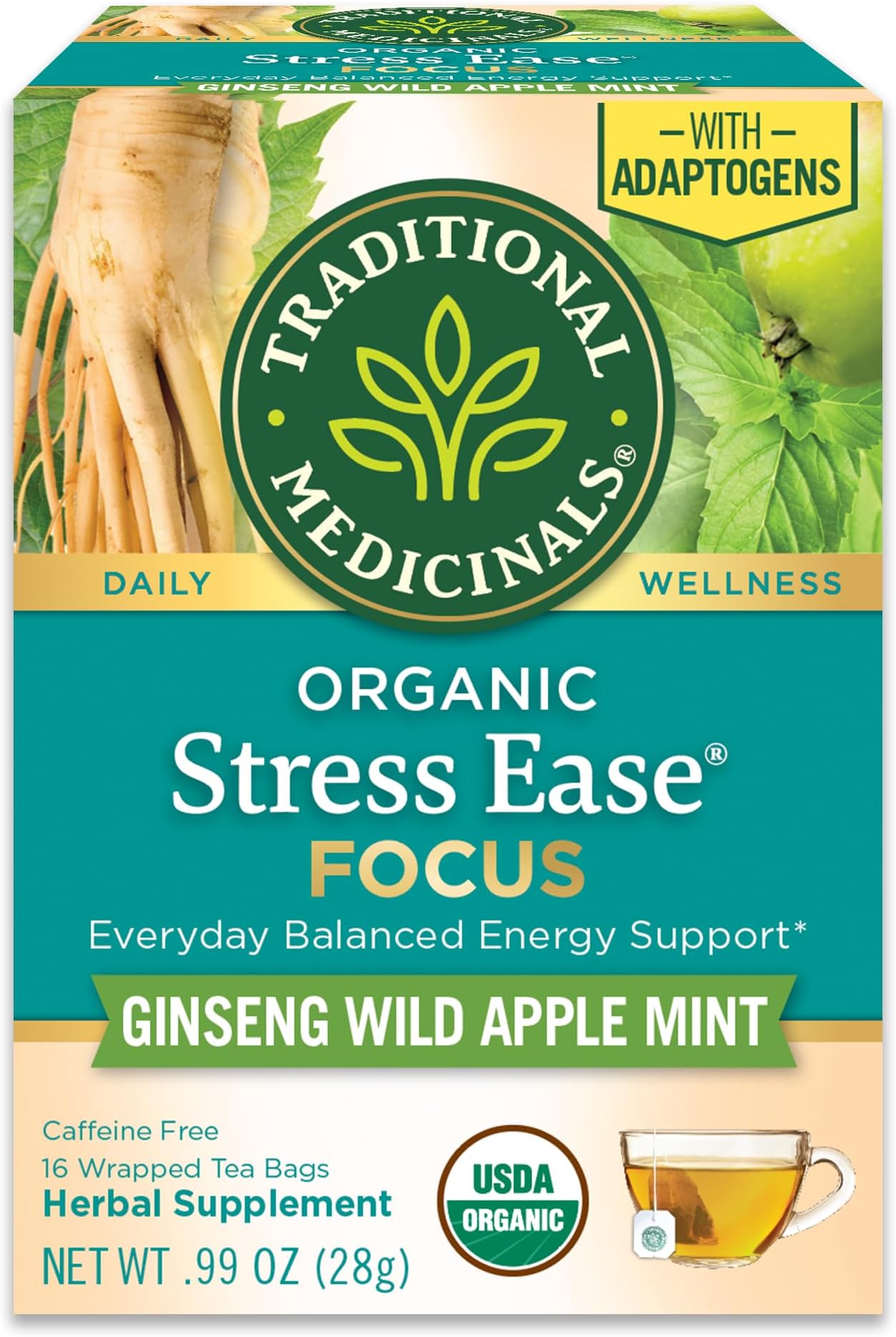 Organic, Stress Ease Focus, Ginseng Wild Apple Mint Tea - Balanced Energy Support & Adaptogens - Kosher, Non-GMO, Caffeine-Free, Compostable - 16 Tea Bags