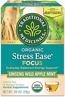 Traditional Medicinals Organic, Stress Ease Focus, Ginseng Wild Apple Mint Tea - Balanced Energy Support & Adaptogens - Kosher, Non-GMO, Caffeine-Free, Compostable - 16 Tea Bags