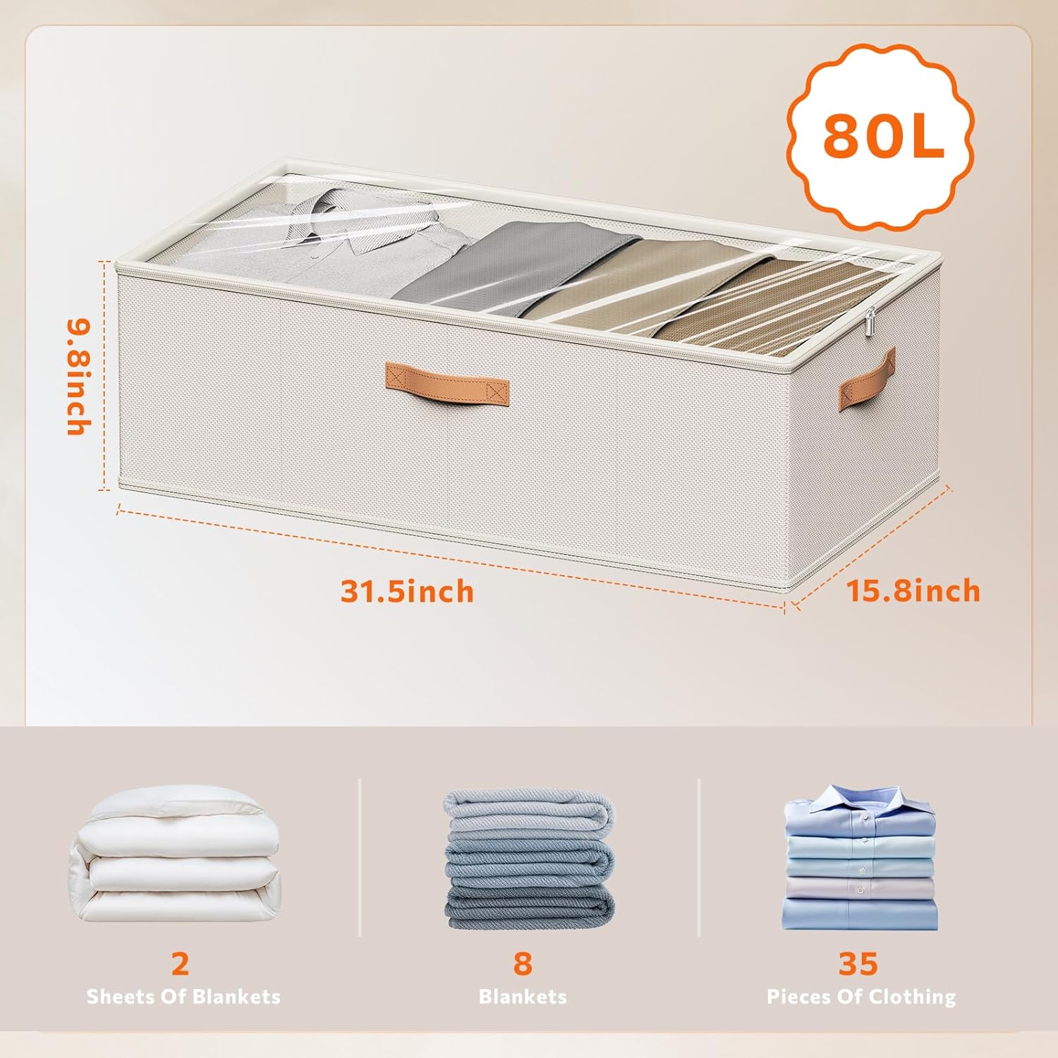 Under Bed Storage Containers, 10 Inches Tall 80L, Foldable Underbed Storage Bags, Closet Organizers and Storage Bins for Clothes and Blankets, Sweaters, Shoes,2-Pack (White, 31.5x15.8x10 In)