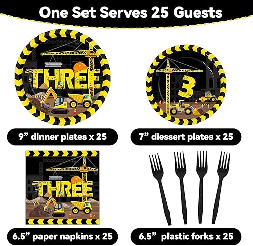 Miniatura 2 de Qyeahkj Juego de 100 piezas de vajilla de construcción para fiesta de cumpleaños de 3 años, platos de construcción desechables, servilletas,