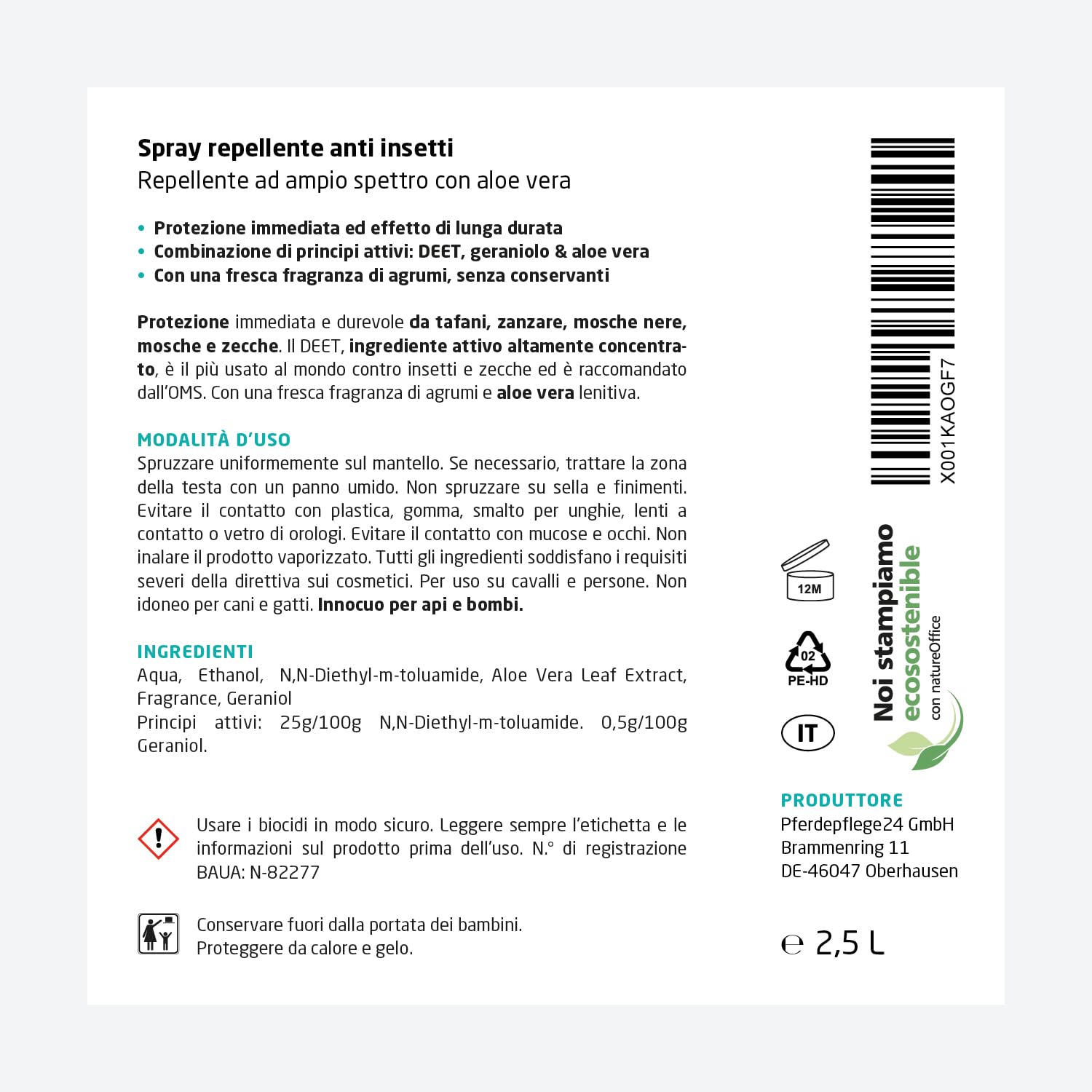 PFERDEPFLEGE24 Repellente Insetti Cavallo Spray 1l - Protezione immediata, con Aloe Vera trattante - Effetto di Lunga Durata Contro tafani, zanzare, Mosche e zecche - antimosche Cavalli