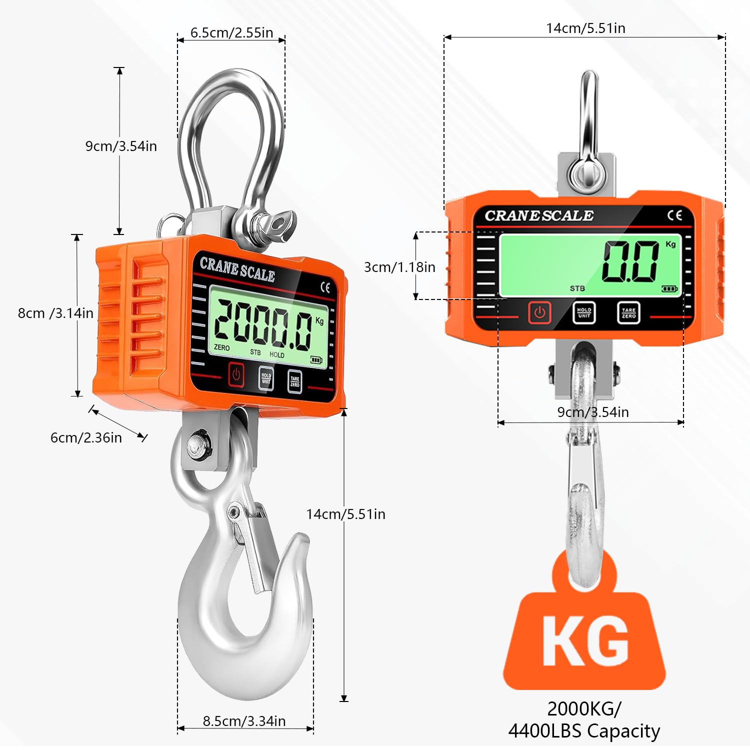 Báscula de Grúa 2000kg/4400lb, Crane Scale Báscula Colgante Industrial de Alta Precisión con Control Remoto y Sensor Preciso y Pantalla LCD y Gancho, Ideal para Granja, Fábrica, Construcción