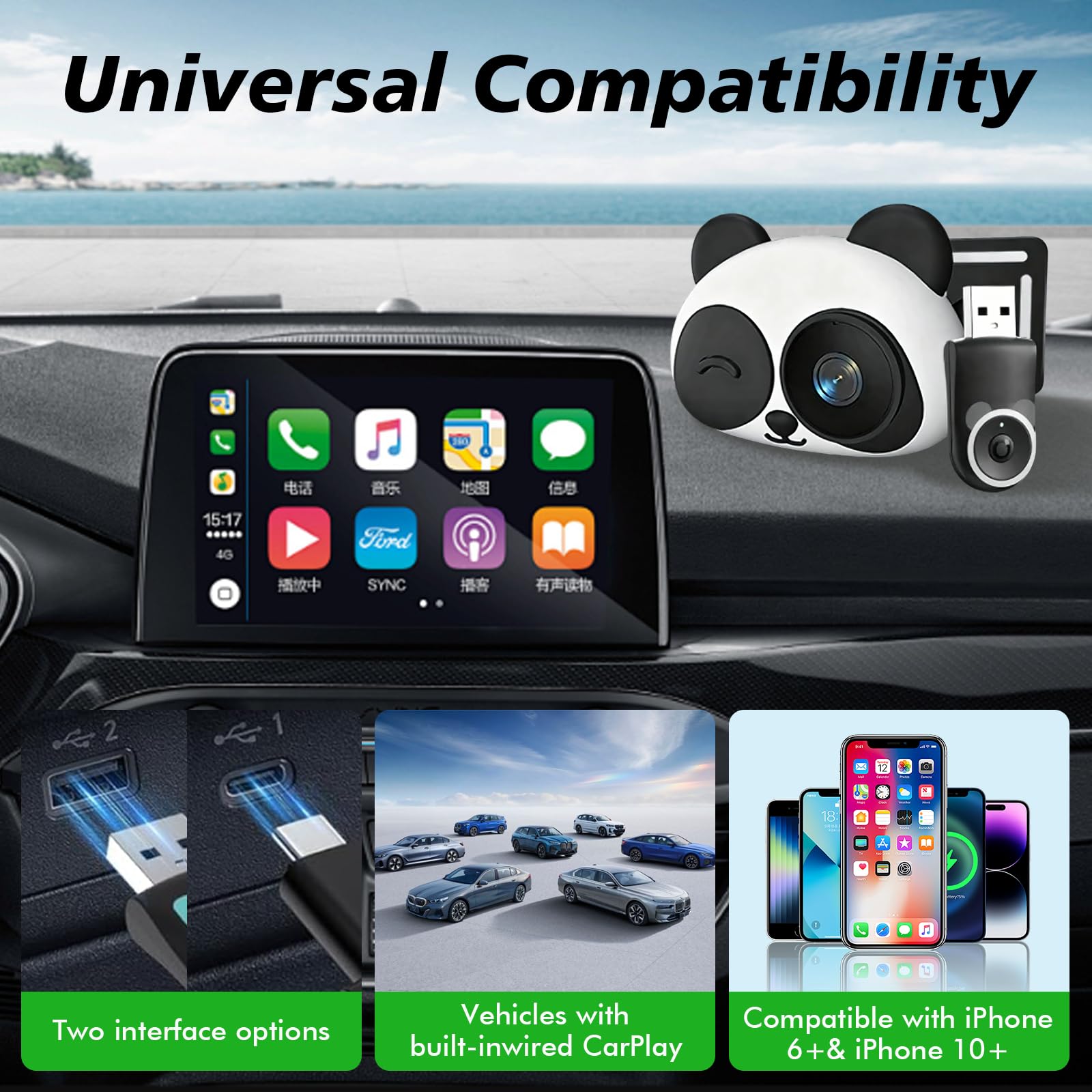 Adattatore wireless CarPlay 2 in 1 e telecamera per auto per bambini, 1080p HD, con grandangolo a 150° e visione notturna, per veicoli con CarPlay cablato (dal 2016)