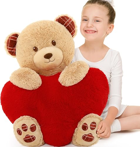 BENINY Oso de peluche con corazón rojo, oso de peluche gigante de San Valentín de 28 pulgadas con huellas, oso de peluche grande, regalo para el día