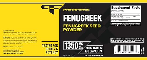 Miniatura 5 de Primaforce Cápsulas de semillas de fenogreco (180 cápsulas1350 mg por porción, 2 porciones de cápsulas) Suplemento de hierbas premium para hombres