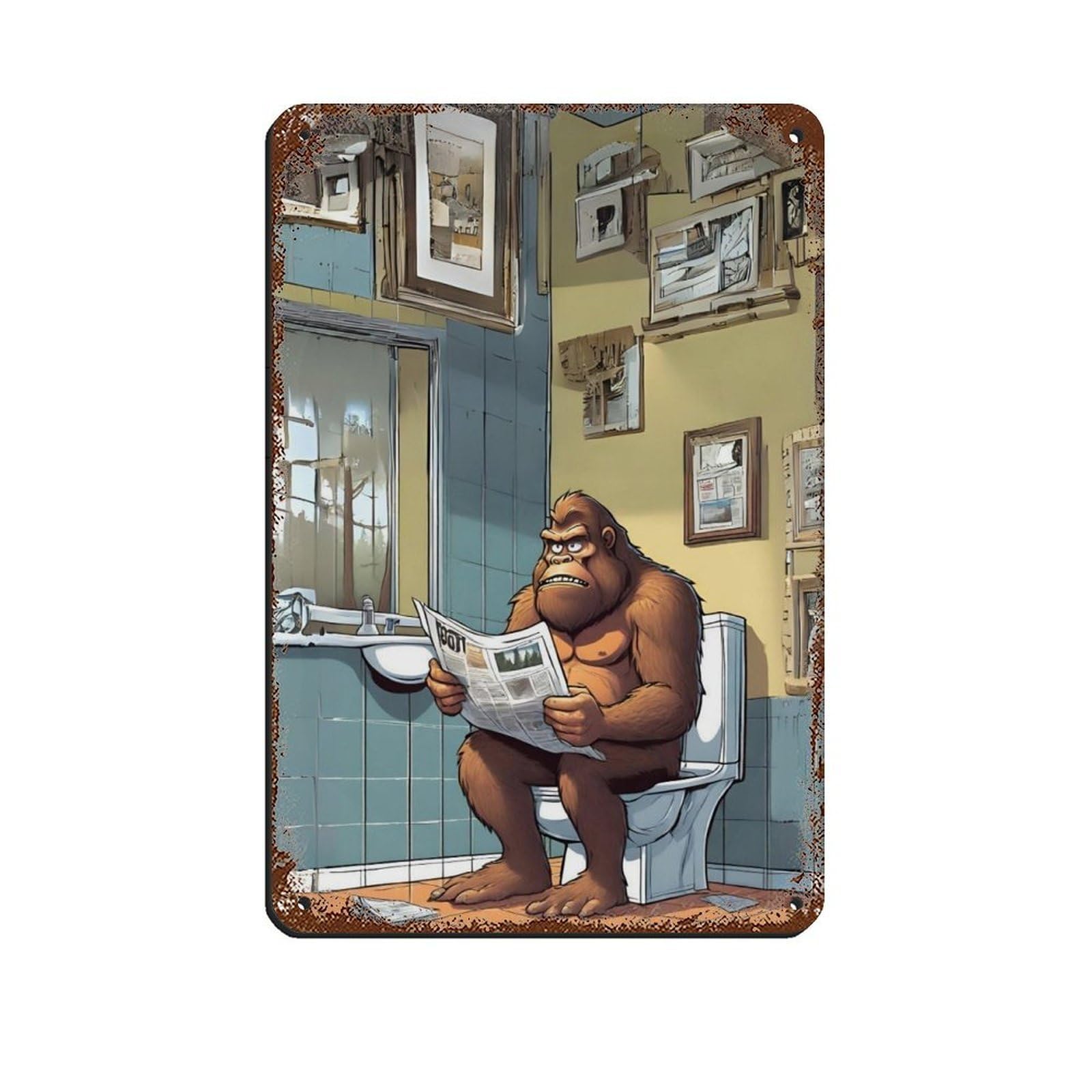 Bigfoot on Toilet Bathroom Art Retro Poster Metal Tin Sign Chic Art Retro Iron Painting Bar People Cave Cafe Family Garage Poster Wall Decoration 8x12inch(20x30cm)