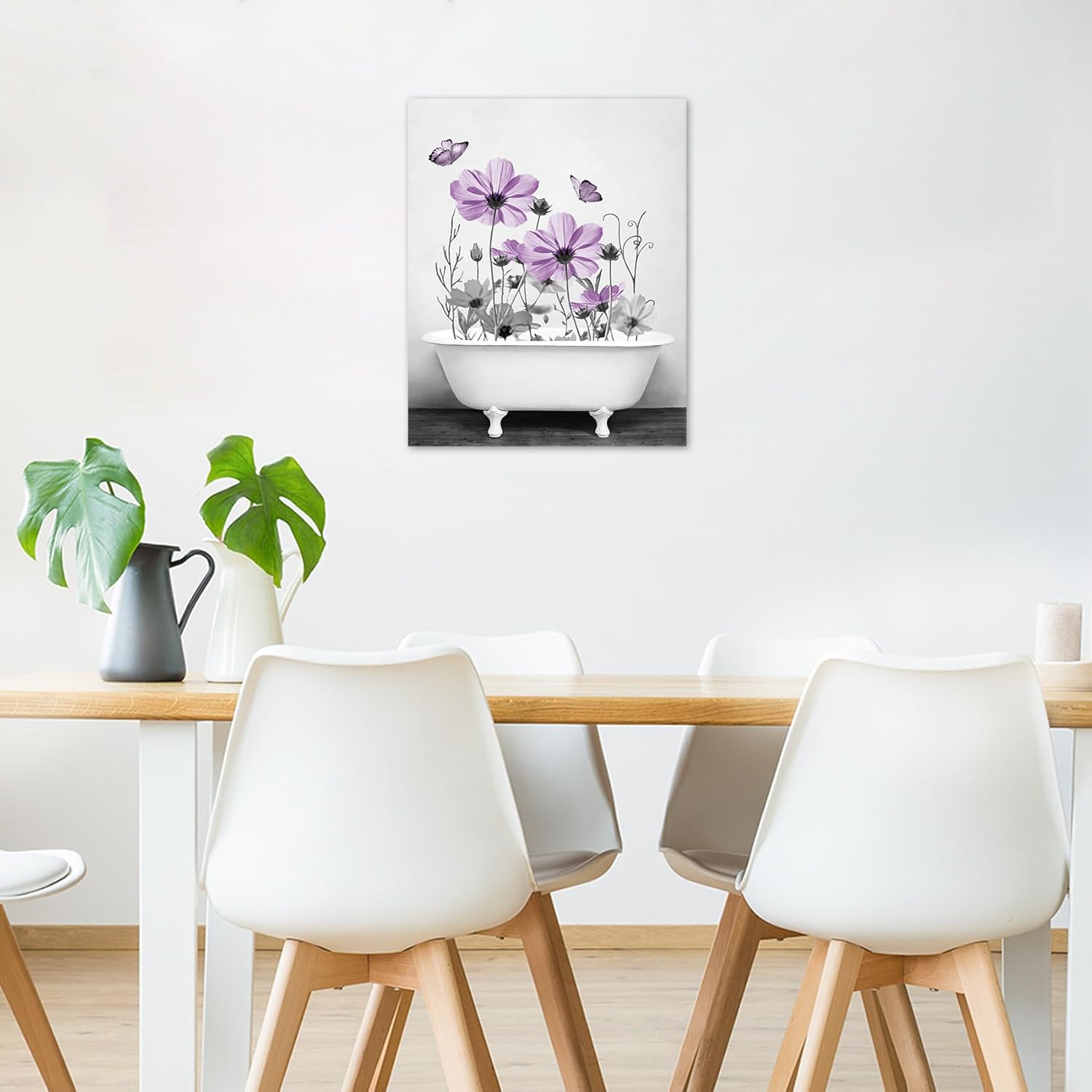 HVEST Purple Floral Wall Art for Living Room,Country Flower and Butterfly in Bathtub on Rustic Wood Canvas Wall Art Rustic Grey Wildflower Pictures for Bathroom Bedroom Wall Decor,20L X 16W inches