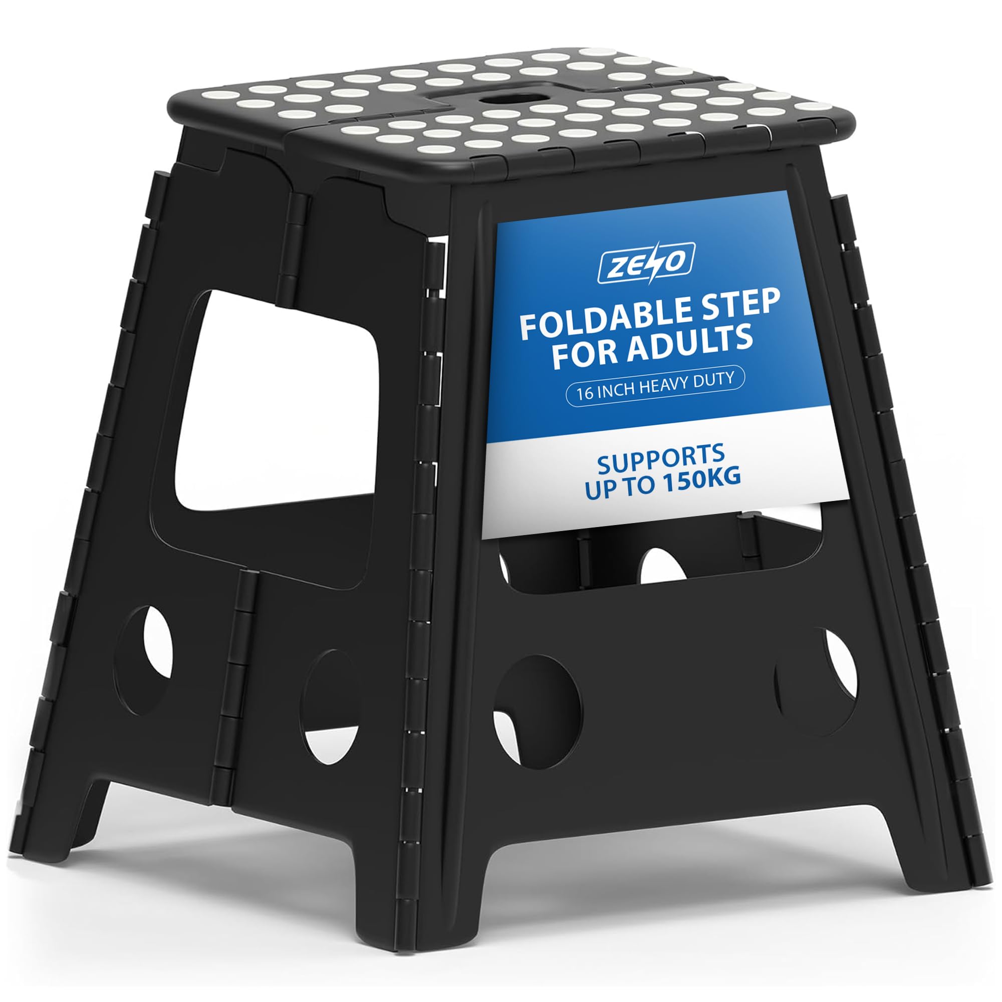 ZENO Step Stool 16 Inch | Folding Stool | Heavy Duty Foldable Stools for Adults & Kids | Folding Stools for Kitchen, Bathroom, Bedroom | Lightweight & Easy To Carry | Holds 150KG | Black