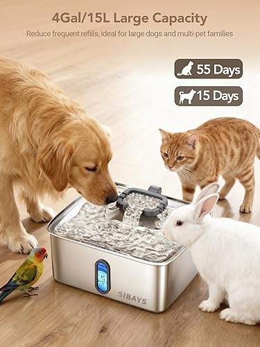 Miniatura 2 de SIBAYS Fuente de agua para perros de 4 galones15 litros para perros grandes, fuente de agua grande de acero inoxidable, dispensador automático ultra