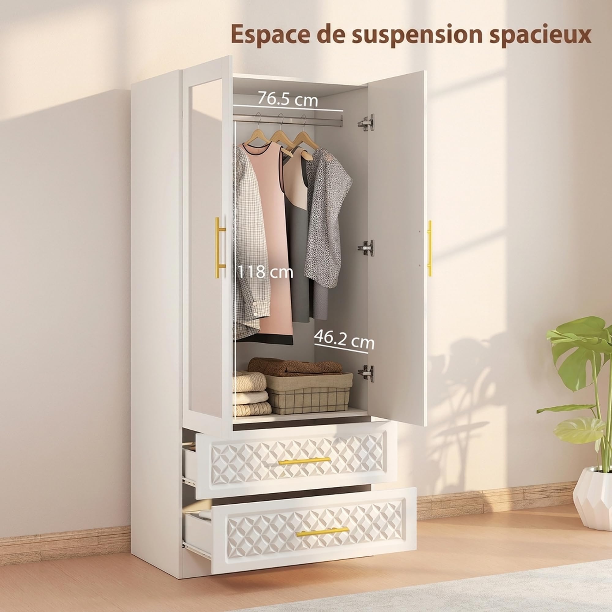 HOMCOM Armadio camera da letto armadio con specchio a 2 ante 80 x 50 x 180 cm, bianco | 2 Cassetti, Barra di Sospensione, Armadio per Abbigliamento, Spogliatoio, Stile Moderno
