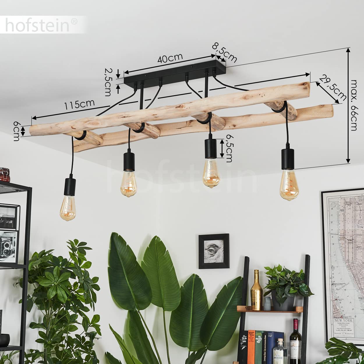 HOFSTEIN Suspension Yaak en bois et métal noir, 4 lampes pendantes rétro idéales au dessus d'une table vintage, hauteur max. 192 cm, pour 4 ampoules E27, ampoule(s) non incluse(s)