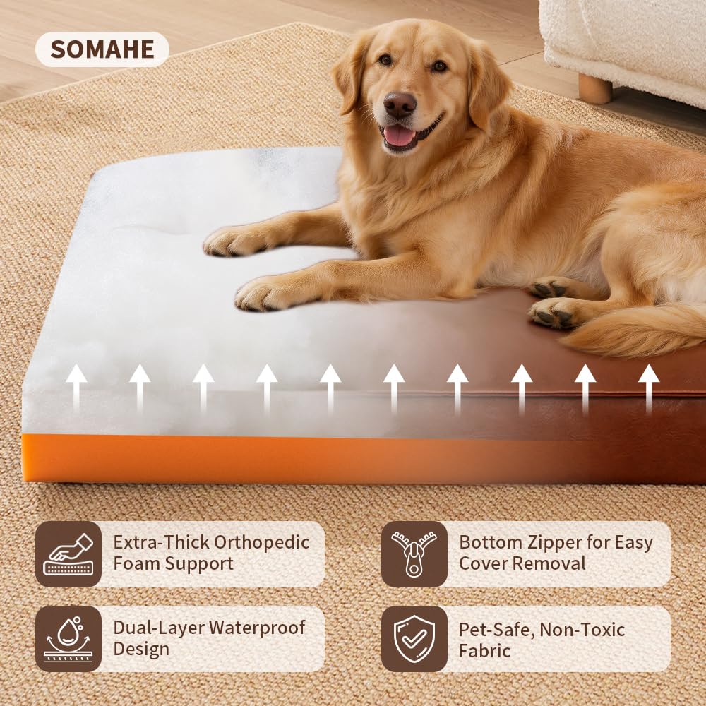 SOMAHE Cama ortopédica para perros pequeños con funda extraíble de piel sintética lavable, impermeable, color marrón, 35.4 x 27.5 x 4 pulgadas