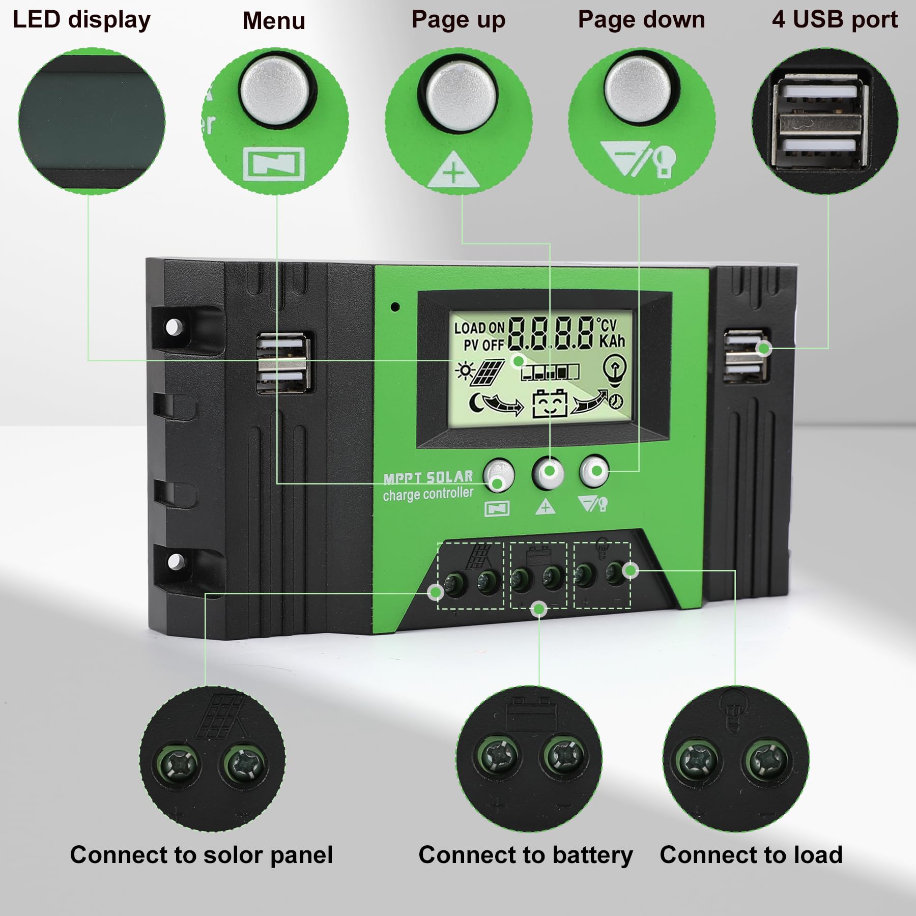MPPT 100A Regolatore di Carica Solare 12V/24V Regolatore di Carica Automatico da Con sensore di temperatura e display LCD 4 porte USB per Pannelli Solari 12V 24V batterie al piombo/litio