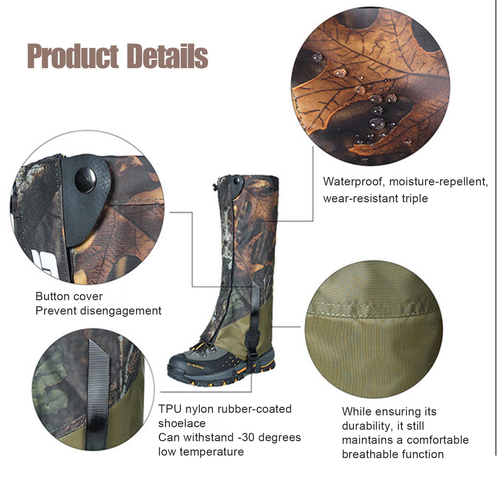 Guêtres de Jambe de Camouflage Couvre-Chaussures Imperméables, Guêtres de Chaussures Respirantes pour Hommes et Femmes, Guêtres de Bottes de Neige Réglables pour La Randonnée, Le Ski