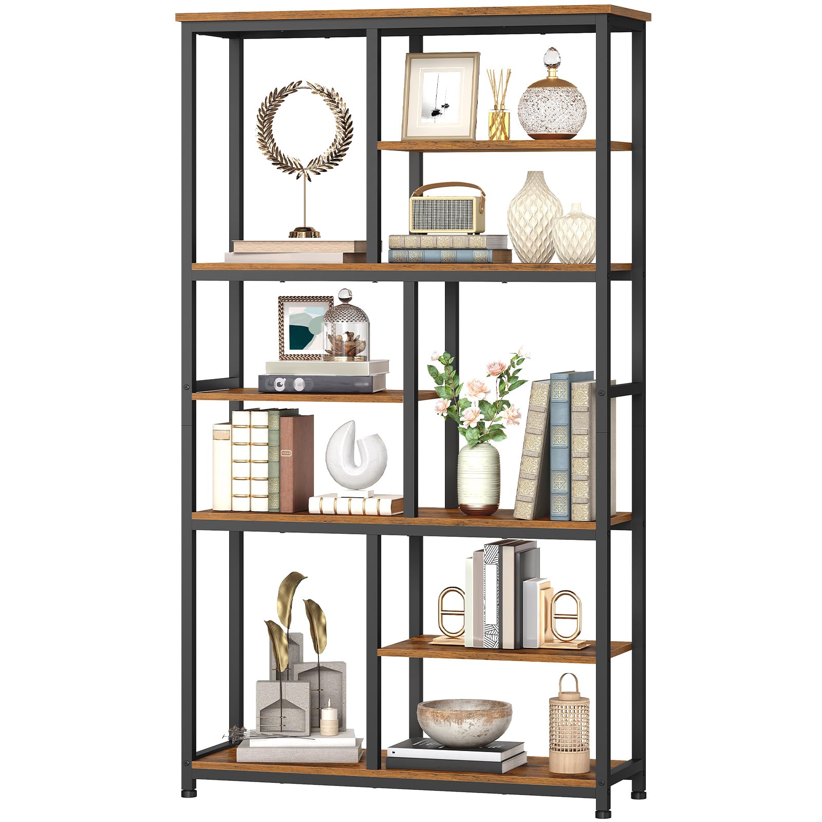 HOOBRO Librería de 7 Niveles, Estantería Abierta con 4 Patas Ajustables, Librería de Aglomerado y Estructura Metálica, para Salón y Despacho, 100 x 28 x 180 cm, Marrón Vintage y Negro EBF06SJ01