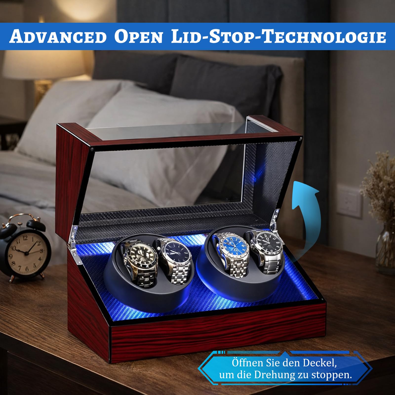 Uhrenbeweger für Automatikuhren, Automatikuhren-Winderbox mit LED-Beleuchtung, 4 Uhrenbeweger mit leisem Motor und 4 Rotationsmodi