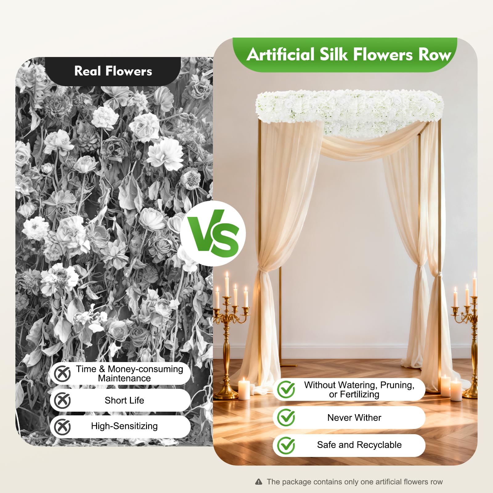 100x25cm Künstliche Seidenblumenreihe weiß aus Seide & Perlenwatte formbar realistisch pflegefrei gemischte Blüten innen außen für Hochzeit Party Restaurant Treppe Bogen Schaufenster