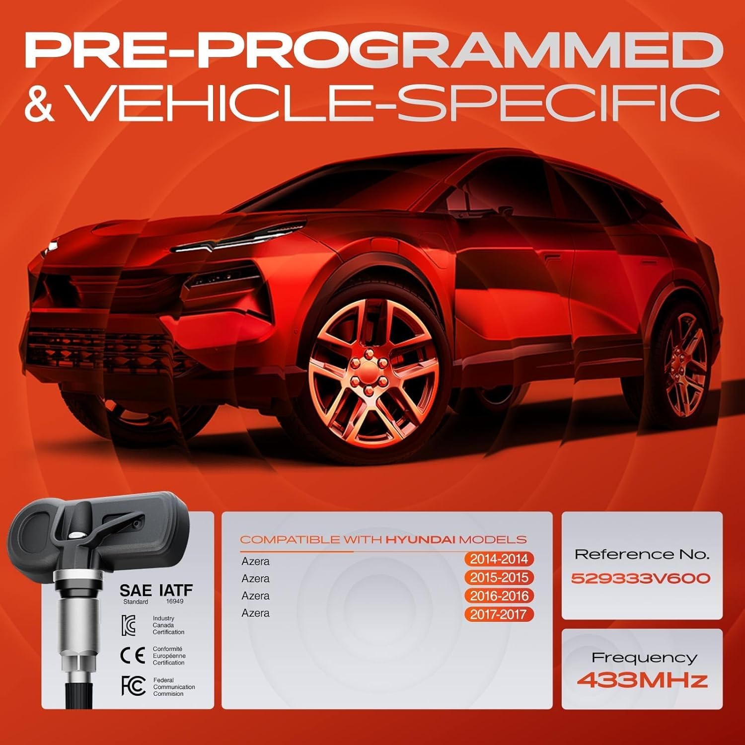 A-Premium 4PCS Pre-Programmed TPMS Sensor Tire Pressure Monitoring Sensor - Compatible with Hyundai Azera 2014 2015 2016 2017-433MHz - Relearn Required - Replace 52933-3V600, 529333V600