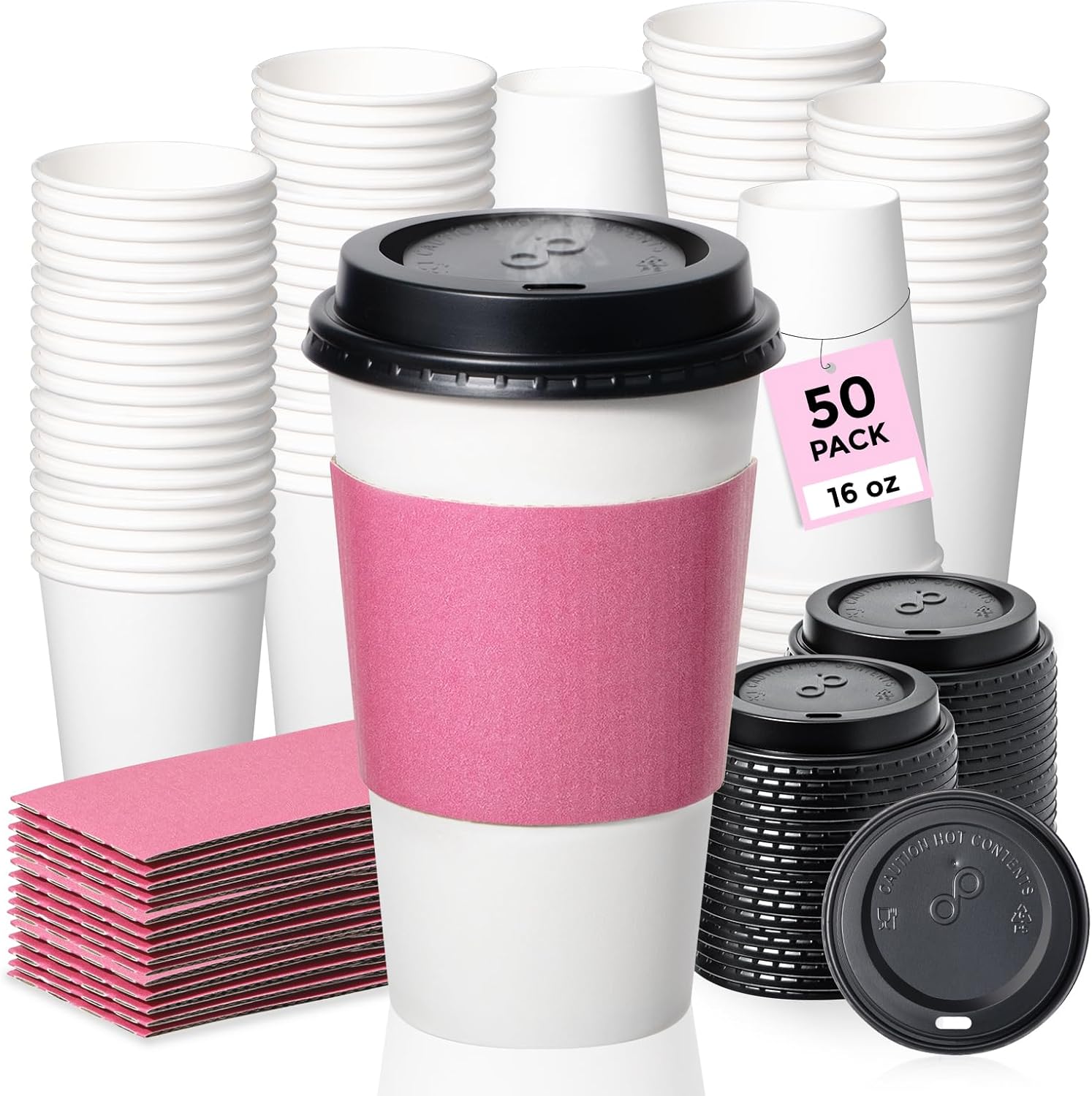 Fit Meal Prep 50 Pack 16 oz Disposable Coffee Cups with Lids and Pink Sleeves, Lead-Proof Sturdy To Go Coffee Cups with Lids, Pink Hot Paper Cups for Party, Wedding, Birthday (Black Lids)