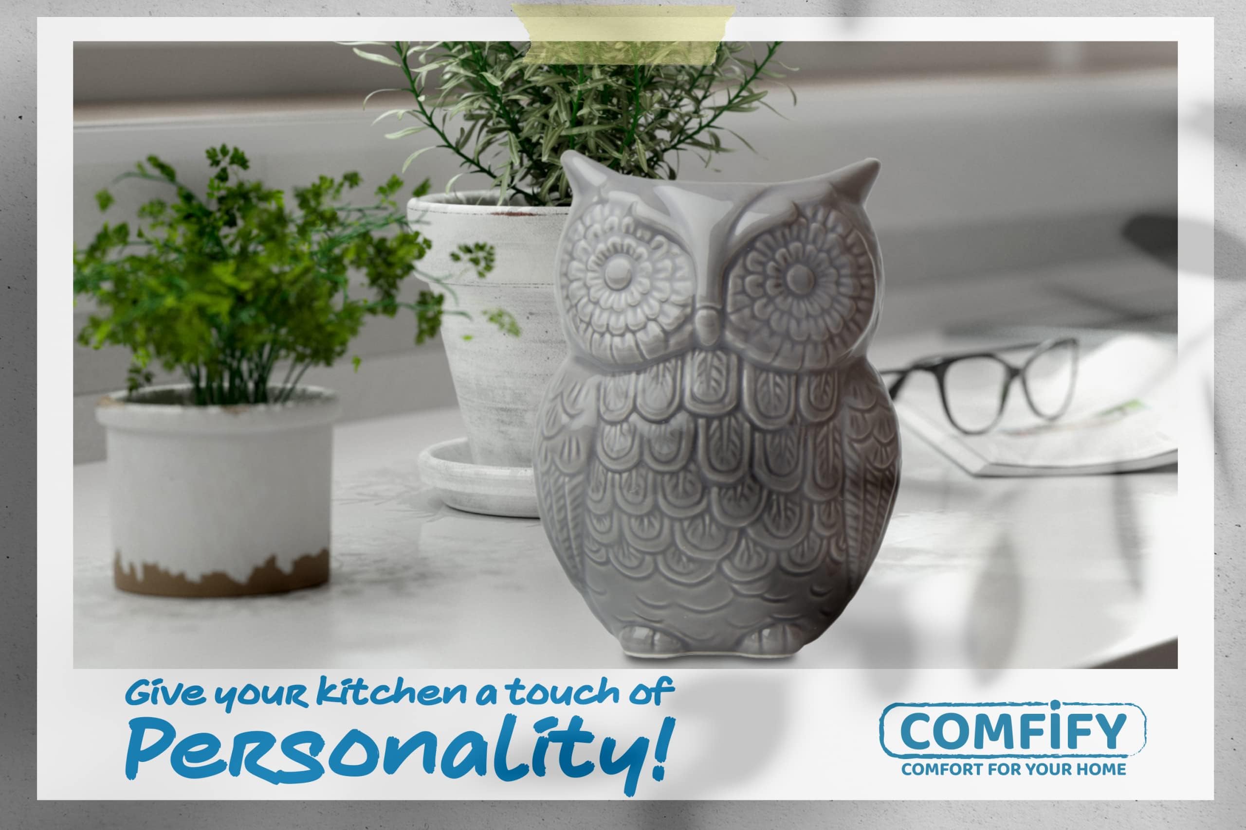 Comfify Eulen Utensilienhalter - Dekorativer Keramik Kochgeschirrhalter & Organizer - in schönem Grau - Utensilien Caddy und perfektes Küchenkeramikdekor Geschenk - 12.7cm x 17.8cm x 10.2cm Größe