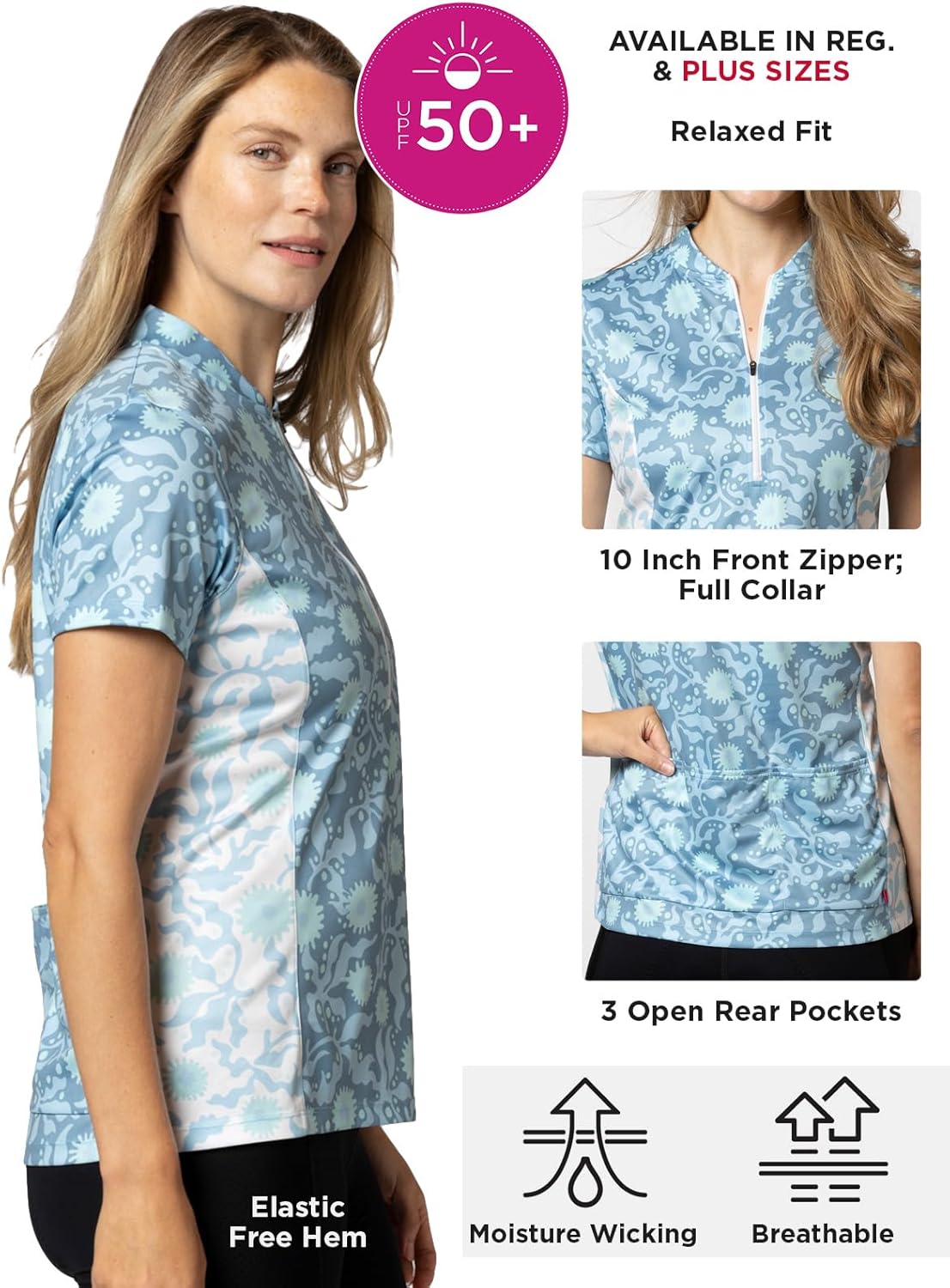 Terry Cycling Jersey Womens Actif Short Sleeve Bike Top, UPF 50+ Summer Top for Women, Reg. & Plus Sizes
