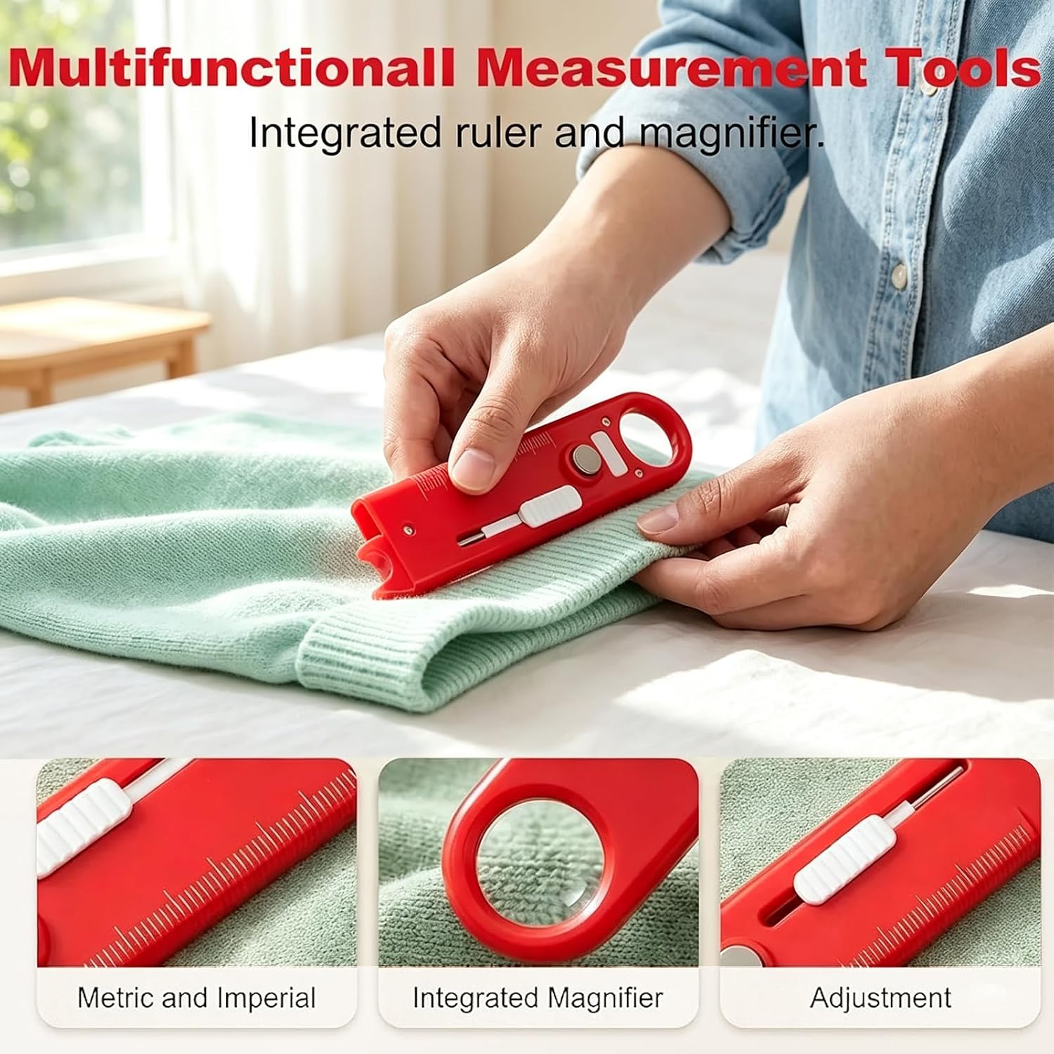 New Quick Automatic Needle Threader for Sewing Machine, 4 in 1 Multitool with Built-in Ruler and Magnifier, Magnetic Seam Guide, Quilting Sewing Tools (Red + Blue)