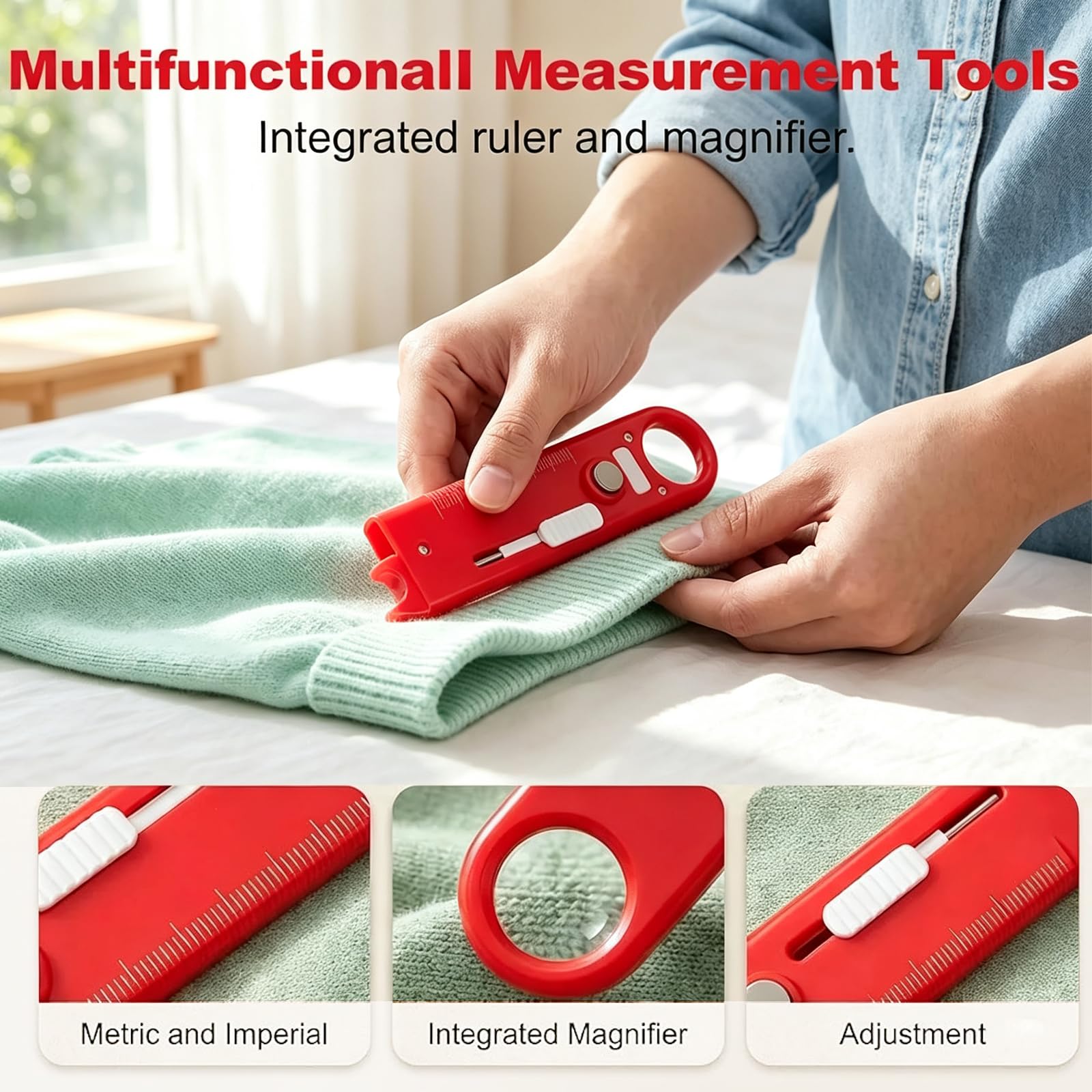 Infila aghi automatico rapido per macchina da cucire, attrezzo multiuso 4 in 1 con righello e lente d'ingrandimento integrati, guida magnetica per cuciture, strumenti da cucito (rosso + blu)