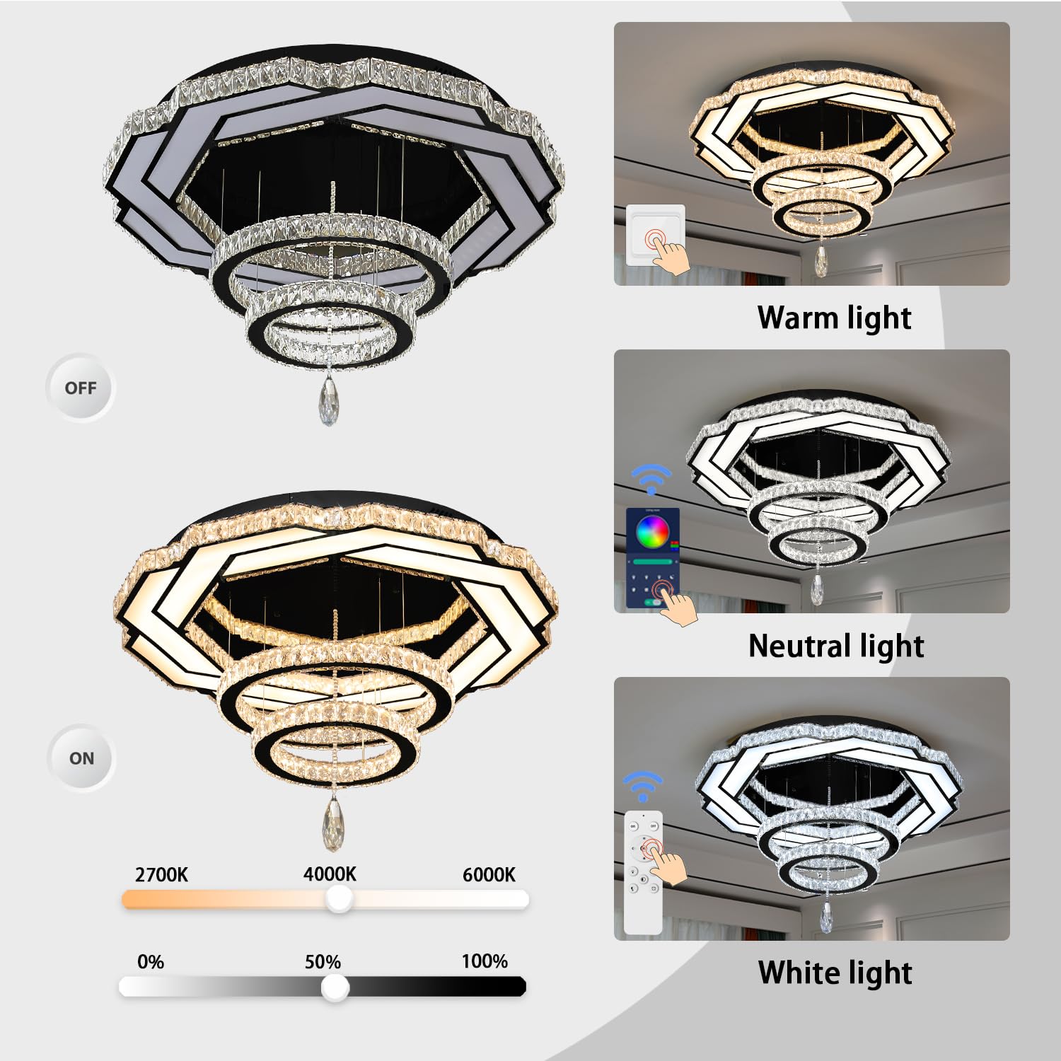Flashing God Modern LED Crystal Chandelier Large Ceiling Light for ...