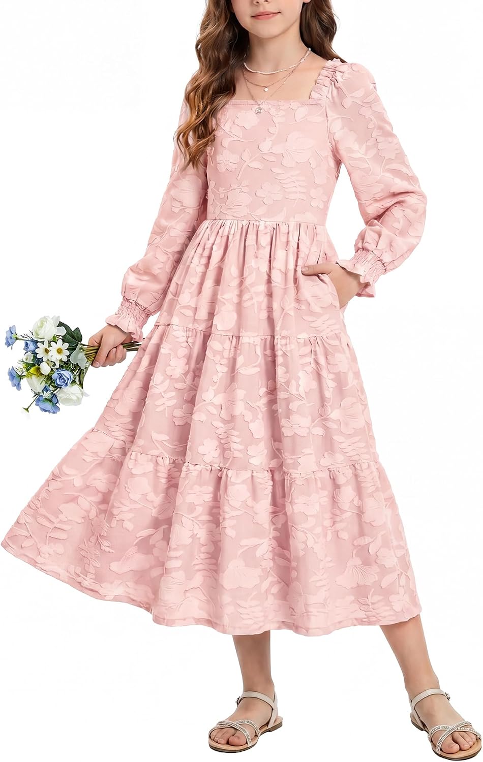 HOZIY Teen Girl Fall Floral Long Sleeve Wedding Guest Kids Dress 6-16 Years