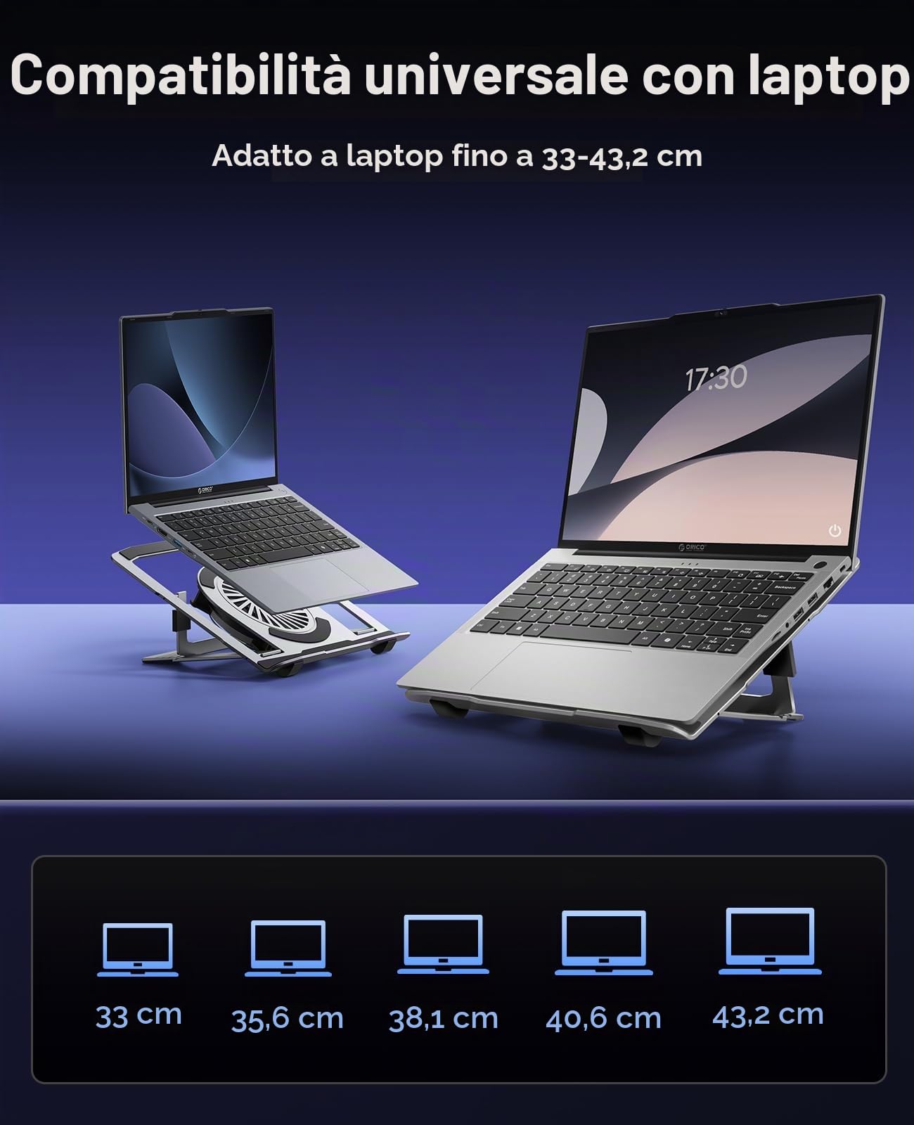 ORICO Supporto pc portatile in Alluminio con Ventola USB, Ergonomico, Regolabile e Pieghevole, RGB, per Notebook fino a 17" – NSF1, Argento