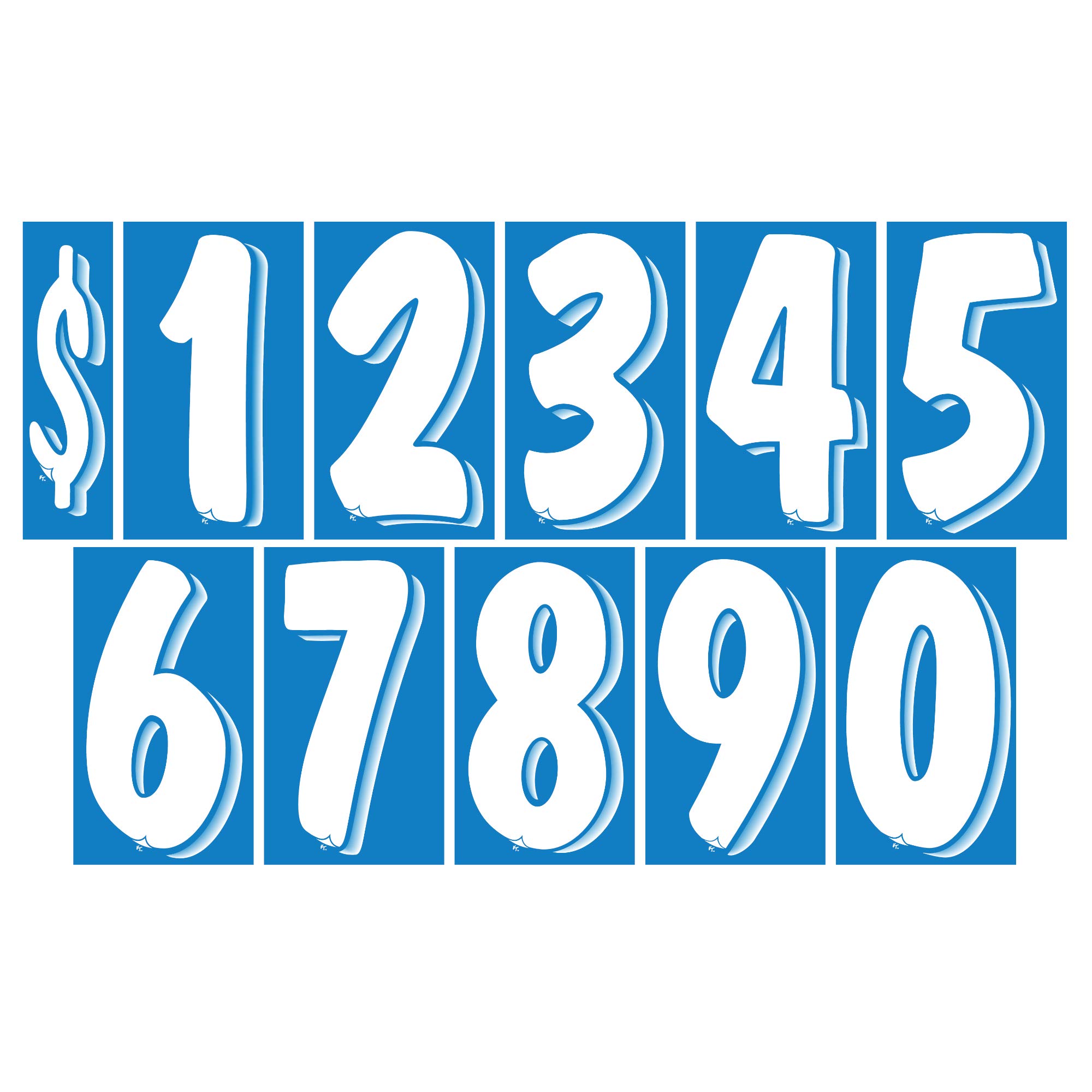 VERSA-TAGS 7 1/2 Inch White & Blue Vinyl Numbers Decals 11 Dozen Set Car Windshield Pricing