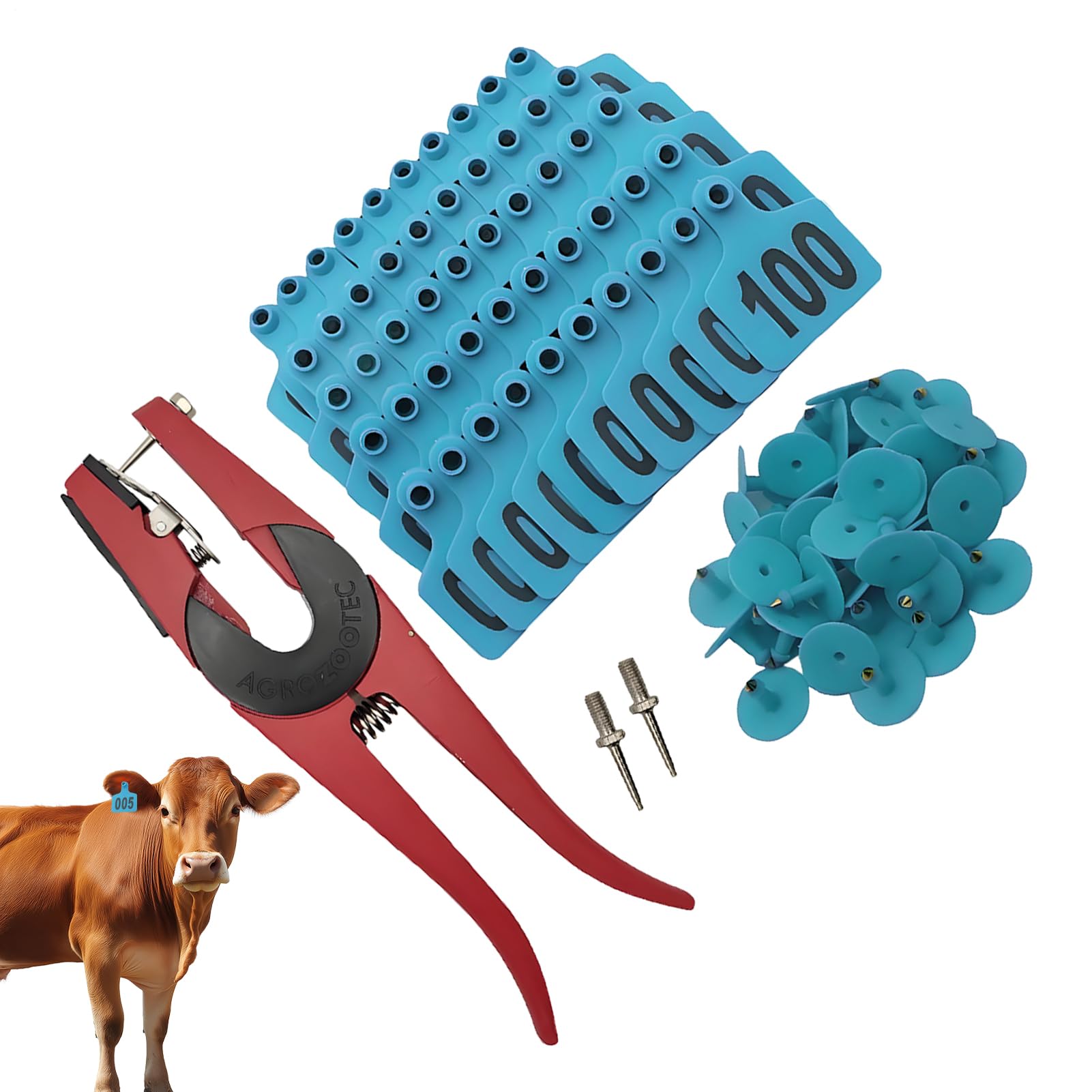 Boucles Auriculaires Pour Bovins | Étiquettes de pour Moutons - Étiquettes Numérotées 001-100 avec Applicateur pour Gestion d'Élevage Bovins Ovins Caprins